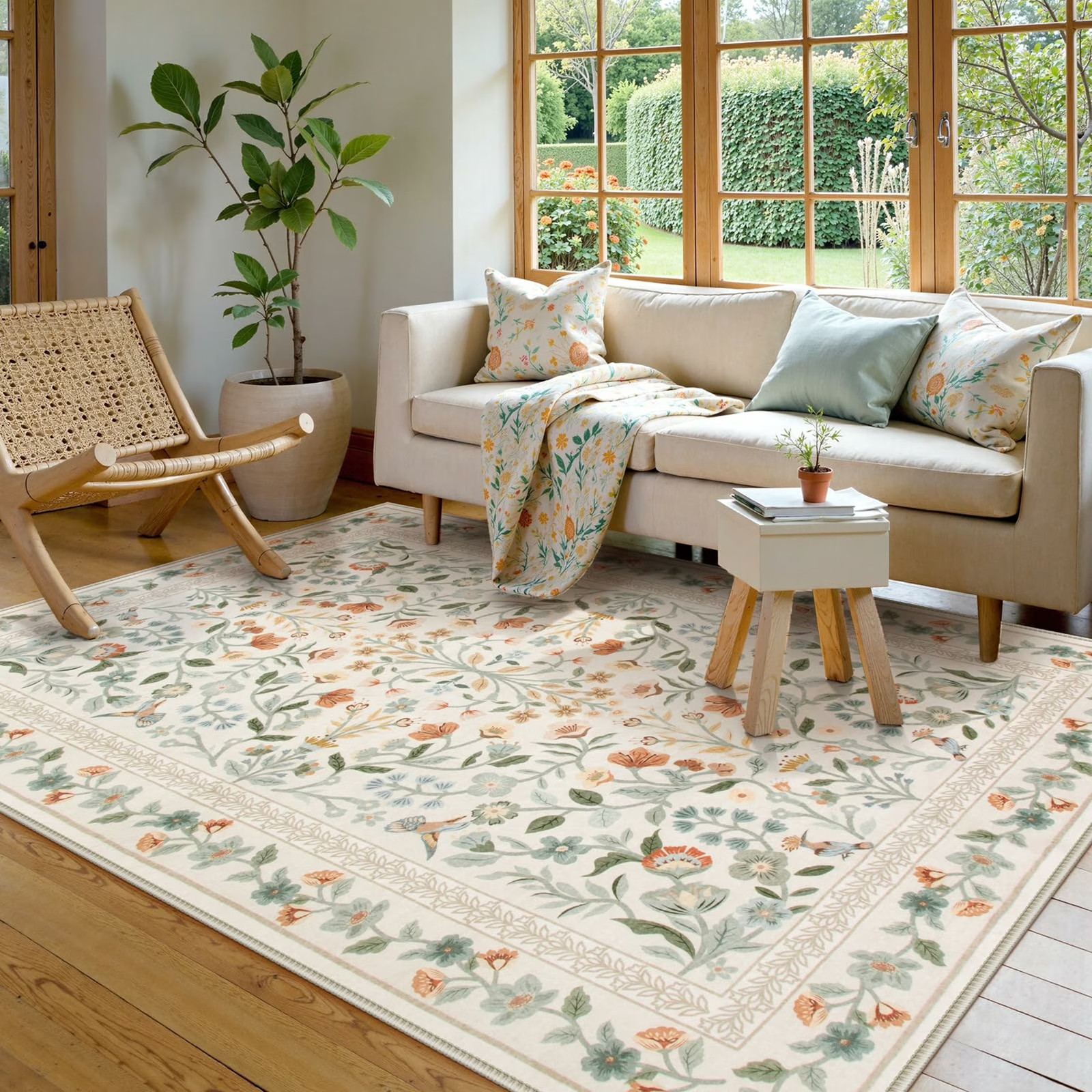 5’X7′ Floral Area Rugs for Living Room, Washable Vintage Botanical Rugs for Bedr