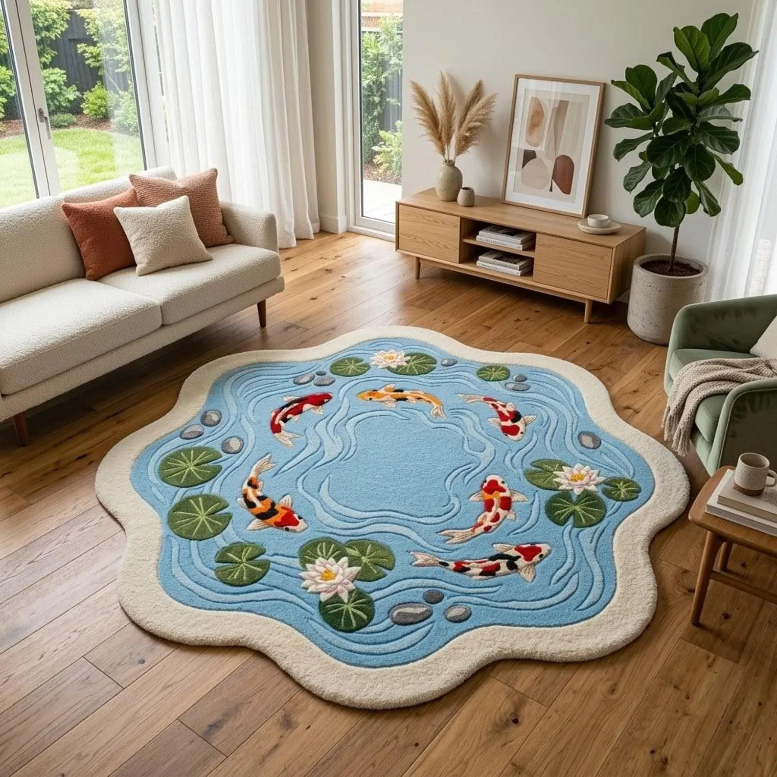 Koi Fish Pond Round Area Rug Scalloped Water Lily Tufted Carpet Living Room Mat