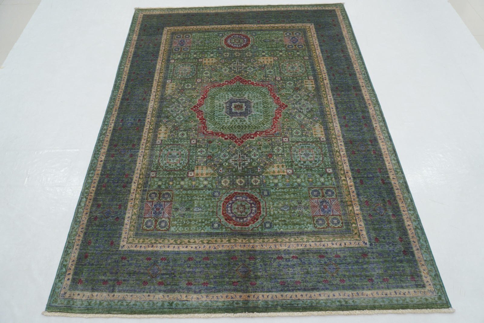 5×7 ft Green Mamluk Afghan Hand Knotted Wool Medallion Rug