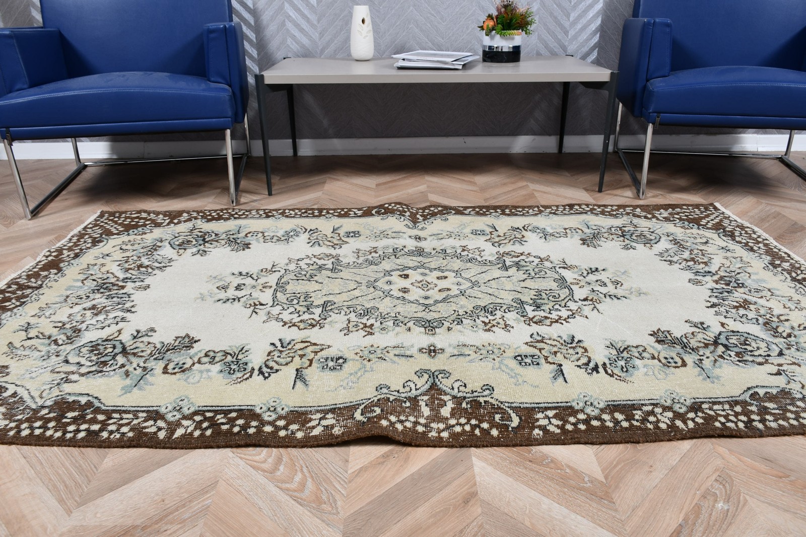 3,9×6,7 ft Rug, Turkish Vintage Rug, Brown White Ombré Rug