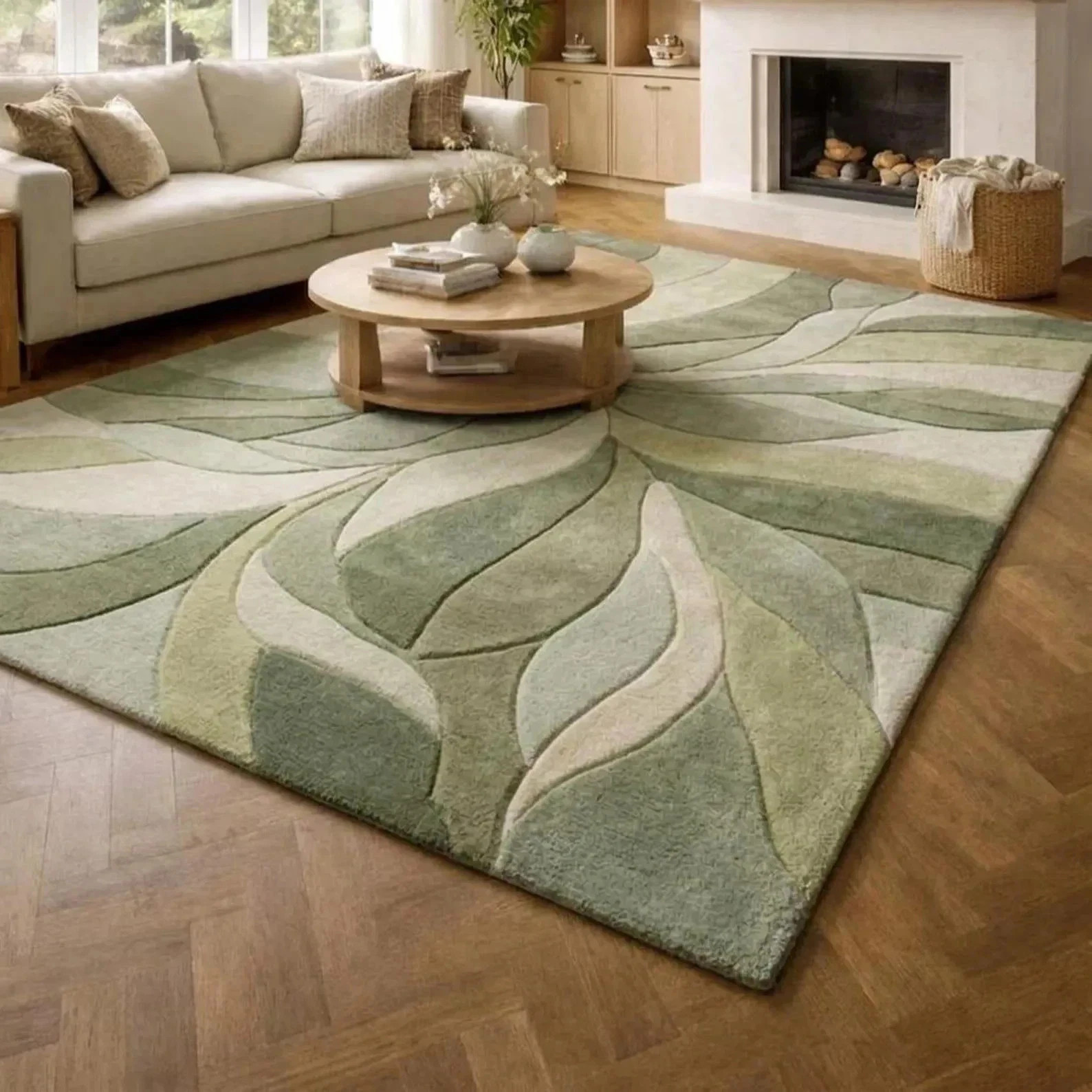 Abstract Rug Wavy Pattern Green & Sage Hand Tufted Wool 3D Textured Carpet