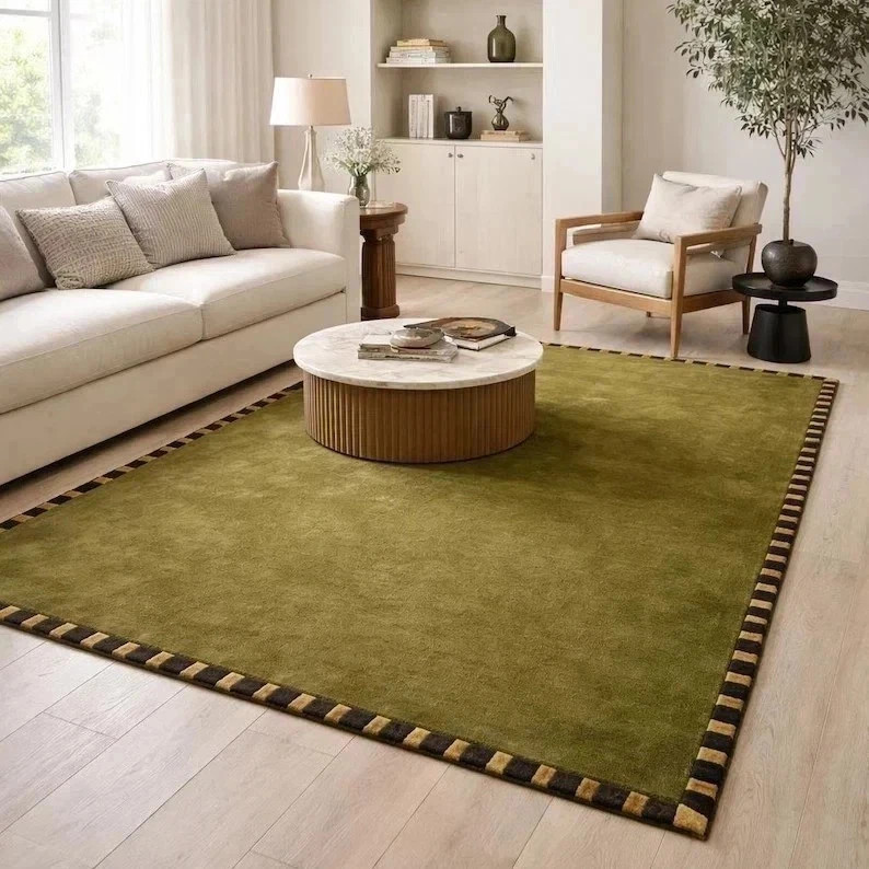 8×10 ft Hand-Tufted Wool Rug Olive Green Handmade Area Rug Modern Living Room