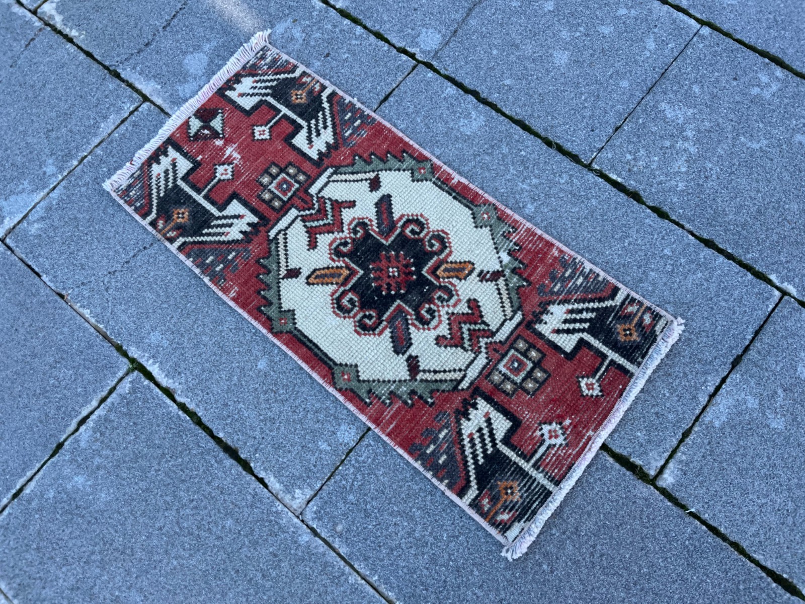Vintage Turkish Small Rug 1.1×2.5 ft Handwoven Anatolian Wool Mini Runner