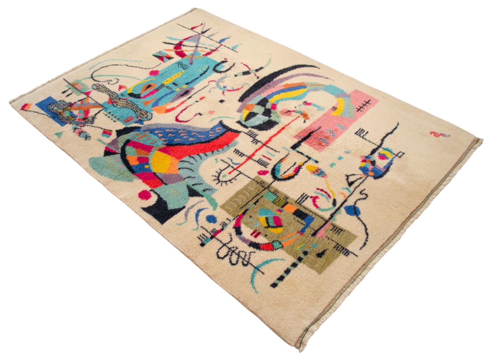 Kandinsky Style Abstract Rug | Vintage Hand-Knotted Wool Art Carpet 3’7″ x 5’0″