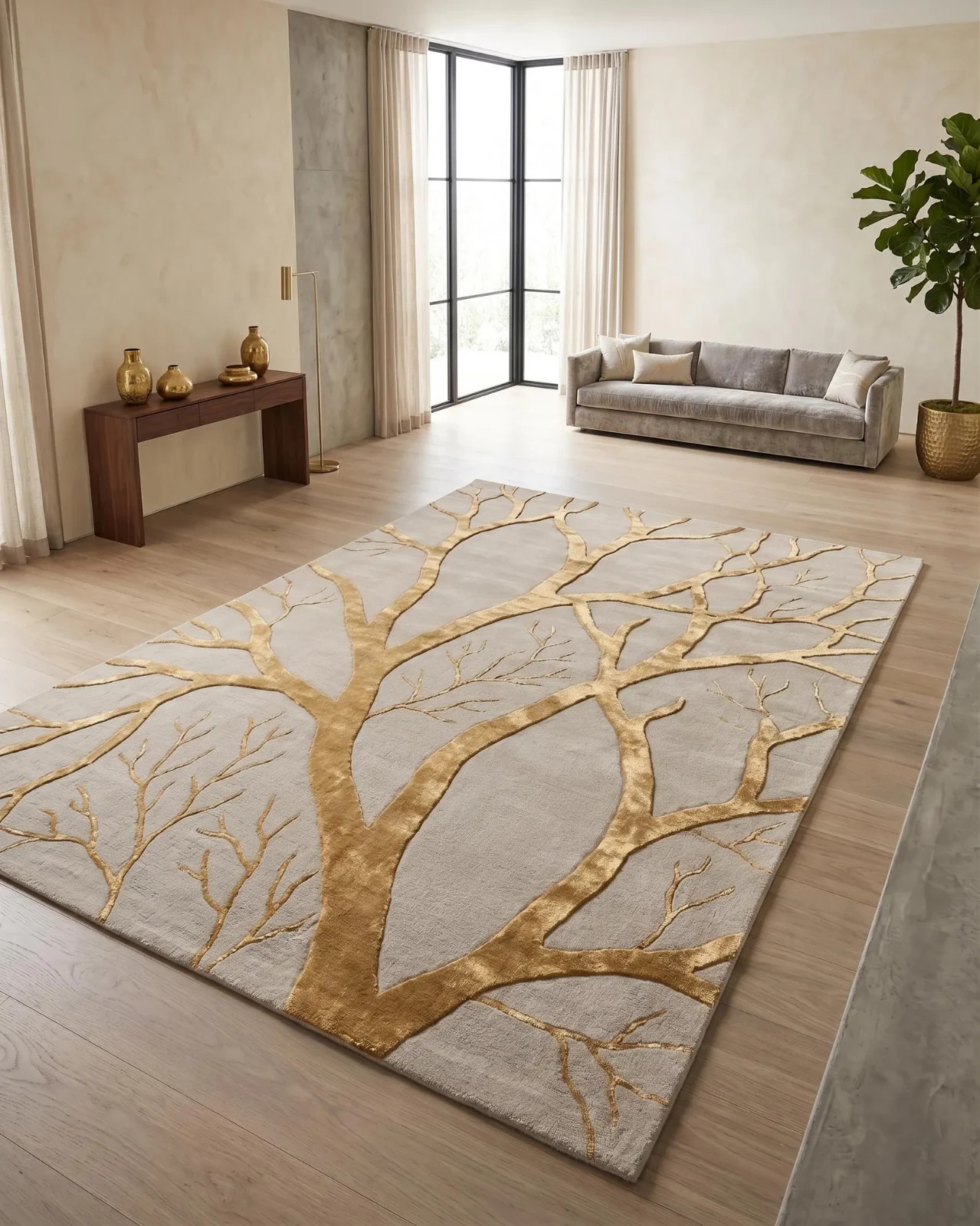 Hand Tufted Wool Viscose Tree Branch Rug, Beige Gold Abstract Carpet for living