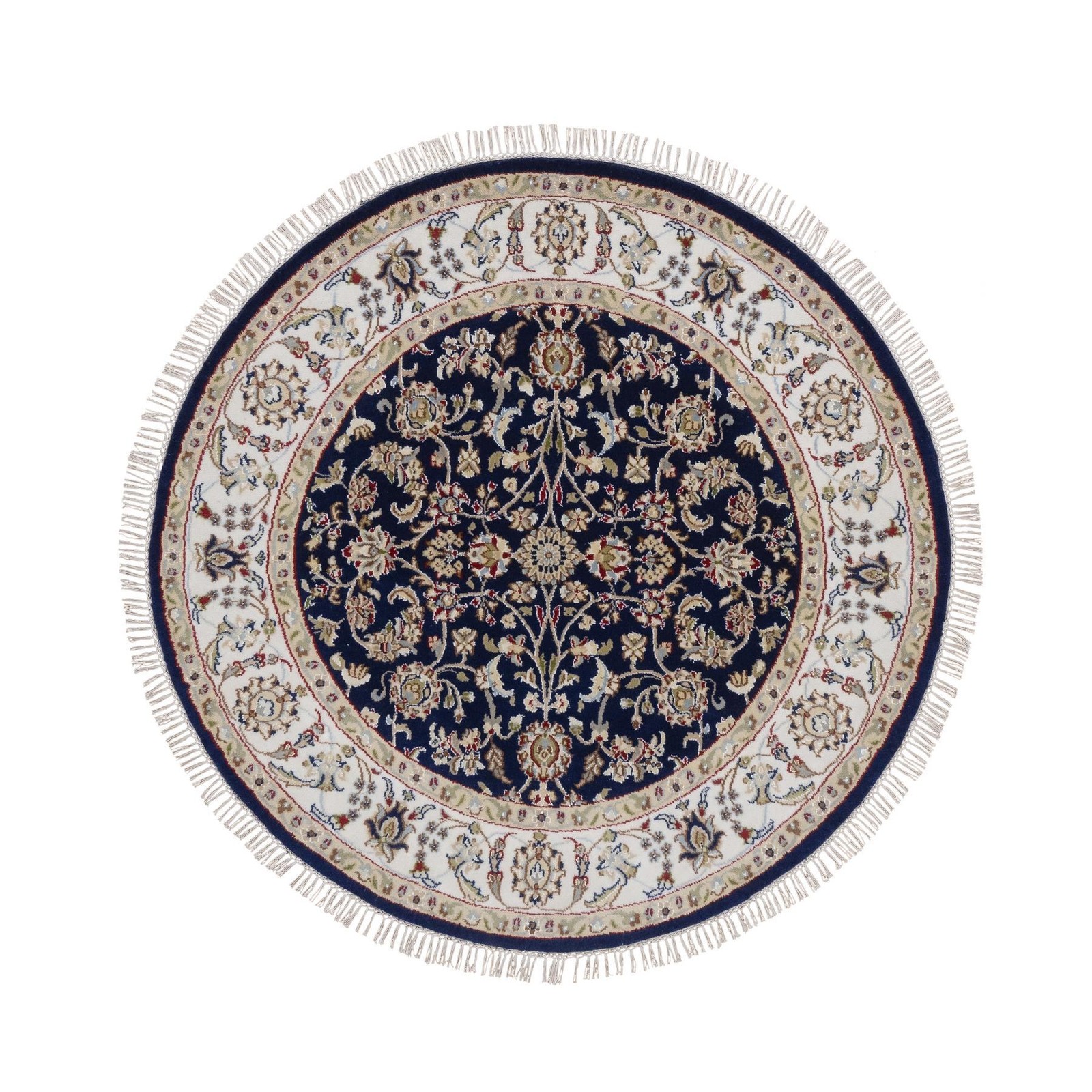 4’4″x4’4″ Midnight Blue Nain 250 KPSI Hand Knotted Wool and Silk Round Rug 92538
