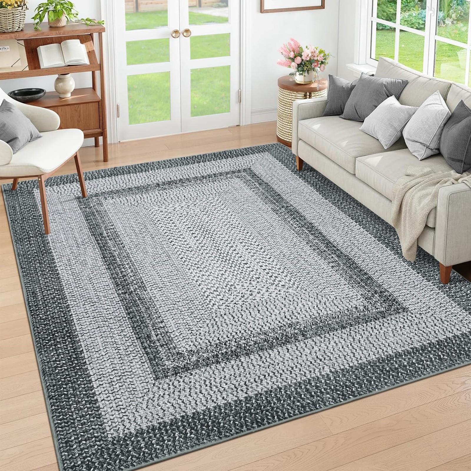 RUGSREAL 9×12 Grey Braided Bohemian Farmhouse Area Rug