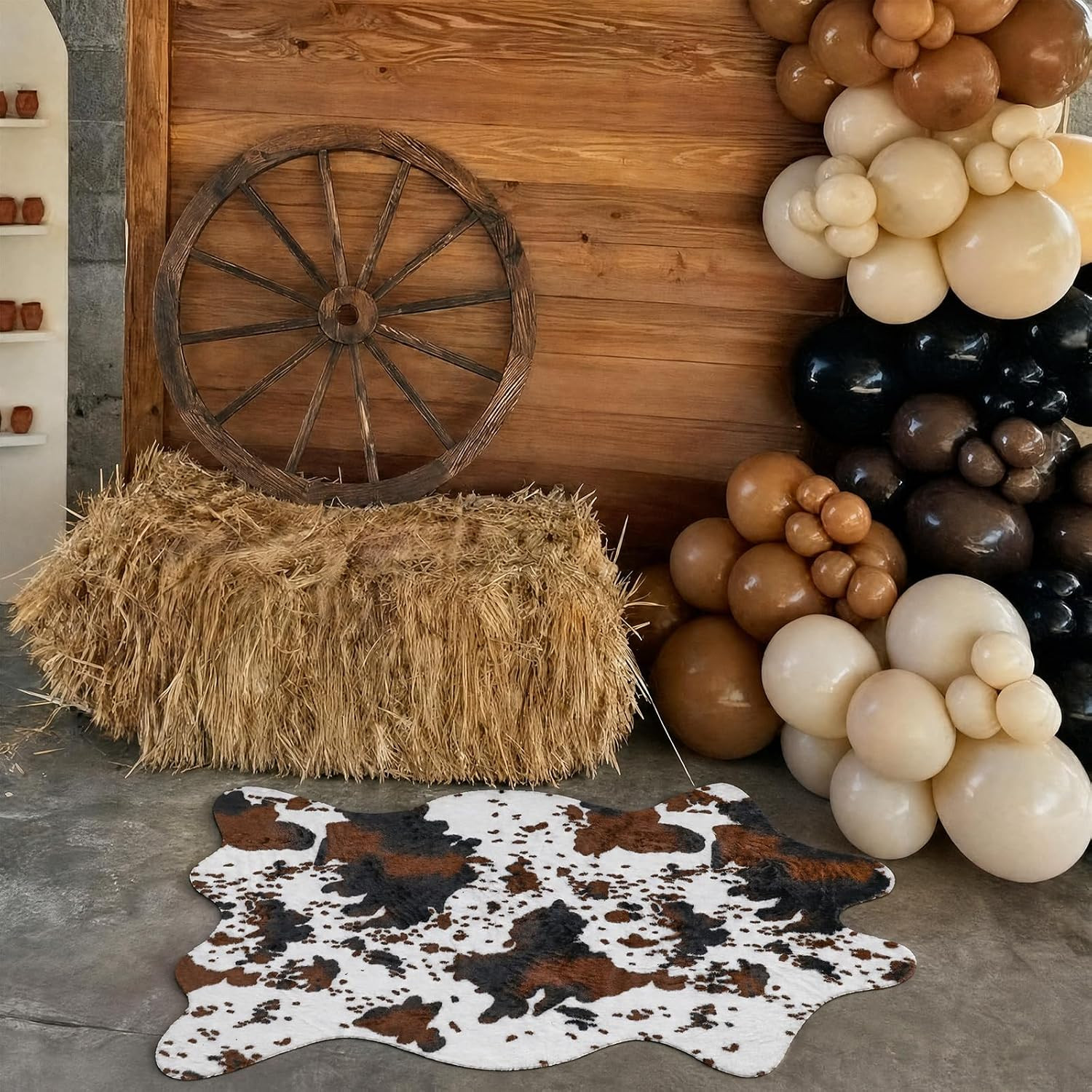 Western Cowboy Party Decorations Cow Print Cowhide Rug Wooden Wagon Wheel Vintag