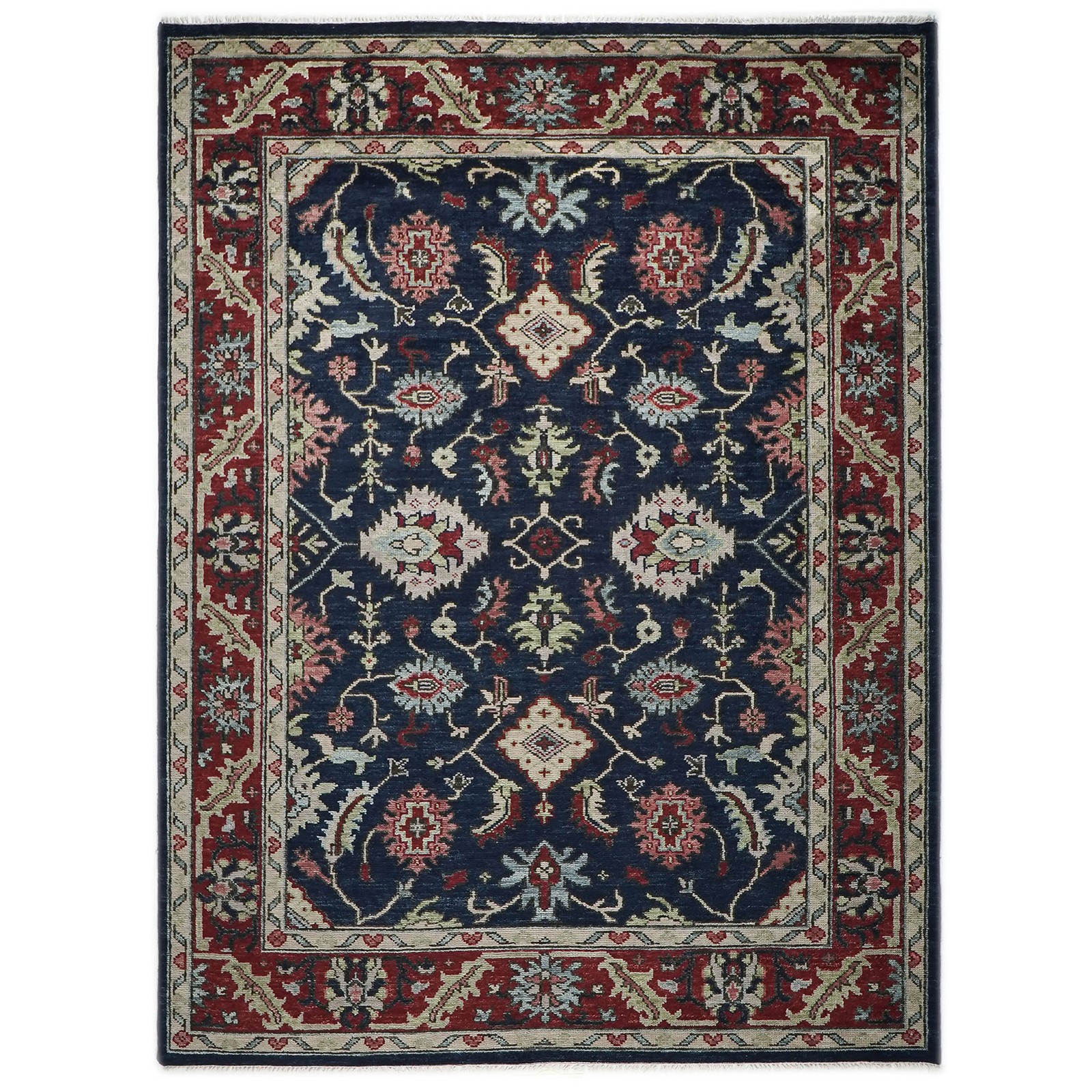9×12’3” Hand Knotted Wool Blue, Burnt Orange Oushak Transitional Rug