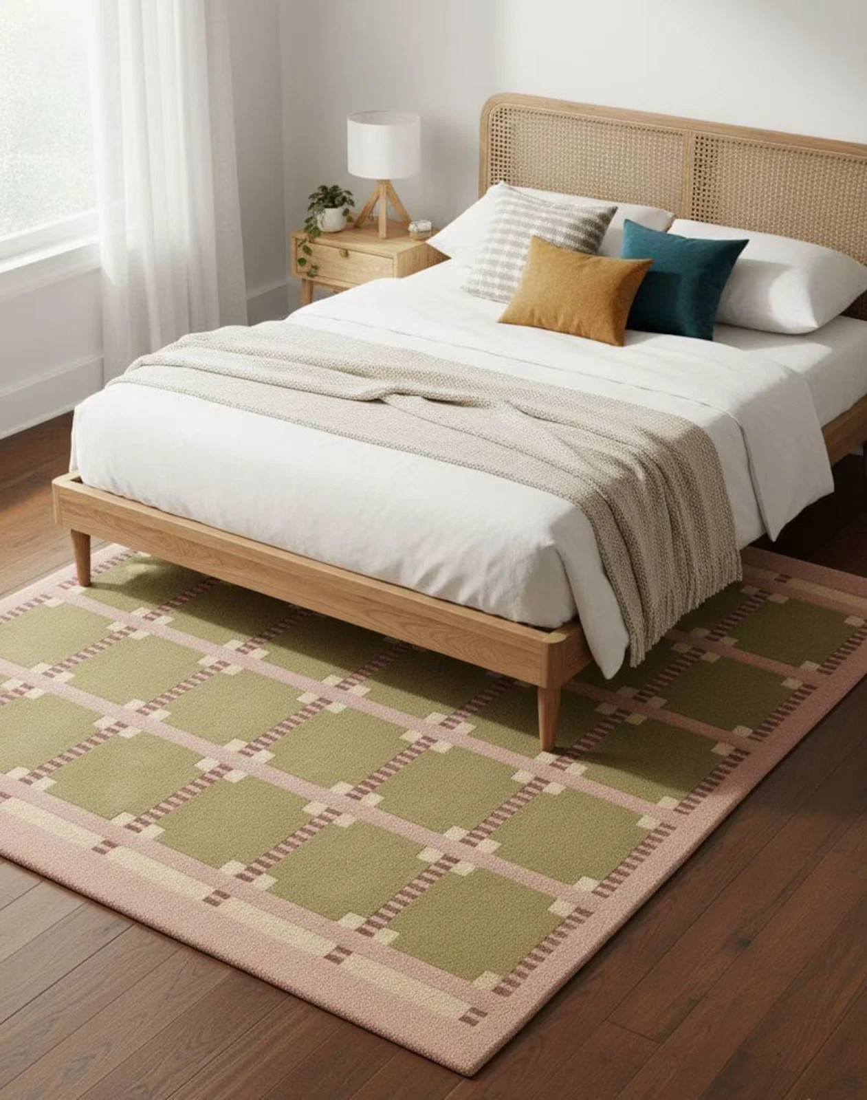 Sage Green & Blush Pink Grid Rug Modern Geometric Wool Area| Hand-Tufted Carpet