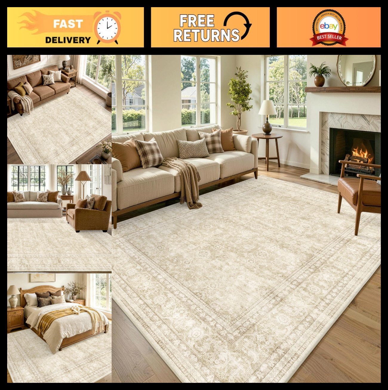 Large 6×9 Ft Area Rug – Soft Non-Slip, Machine Washable, Vintage Stain Resistant