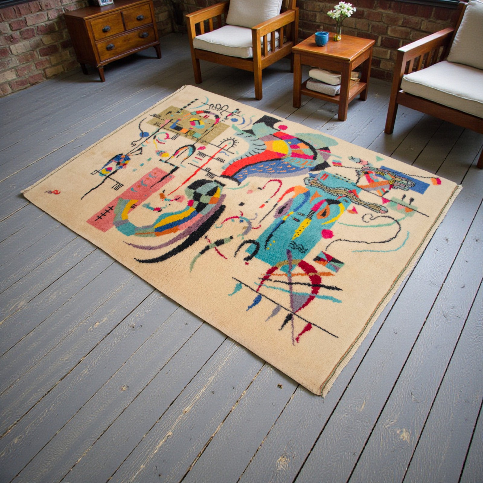 Kandinsky Style Abstract Rug | Vintage Hand-Knotted Wool Art Carpet 3’7″ x 5’0″