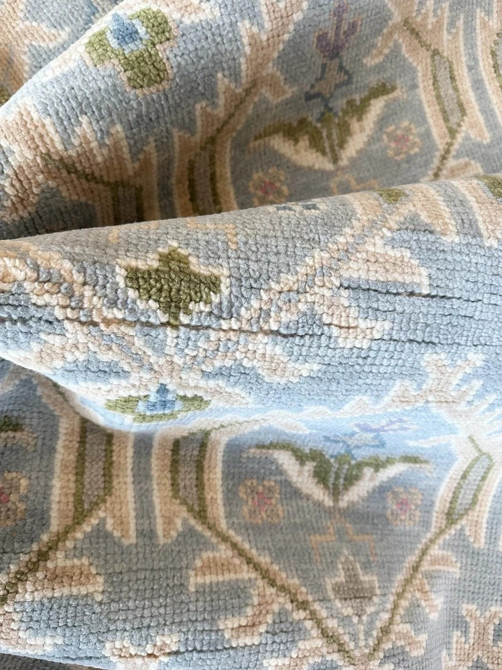 Hand Knotted Oushak Wool Rug Muted Blue Geometric Lattice Pastel Area Rug Carpet