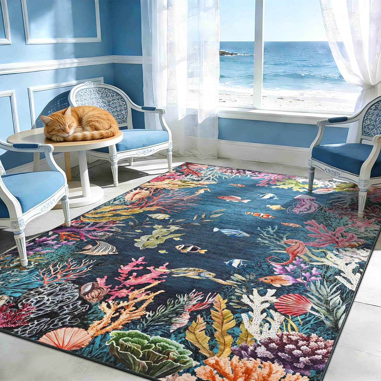 3×5 Ocean Area Rug Nautical Fish Sea Turtle Pattern Kids Room Floor Carpet