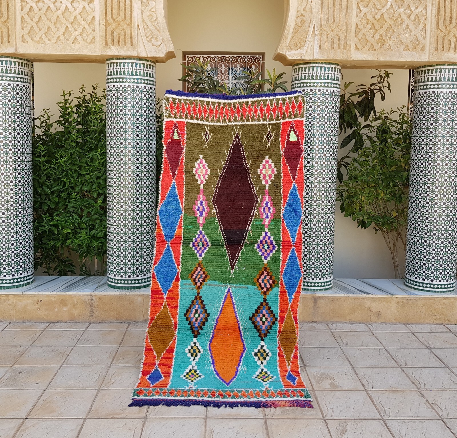 Moroccan Vintage Boucherouite Rug 7’4×3’5″Ft Berber Carpet, Vintage Azilal Rug