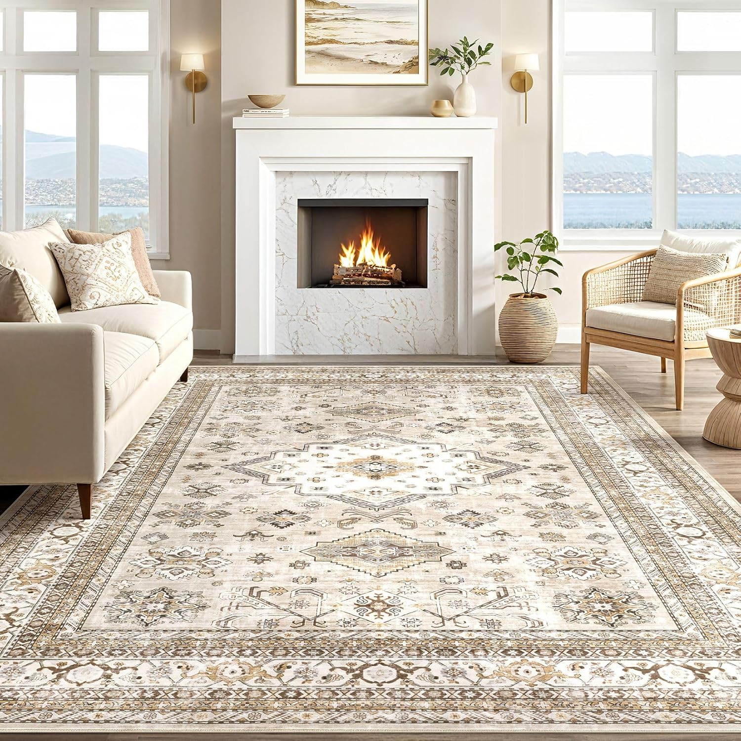 Large Vintage 9×12 Washable Area Rug – Soft Beige Oriental Farmhouse Decor