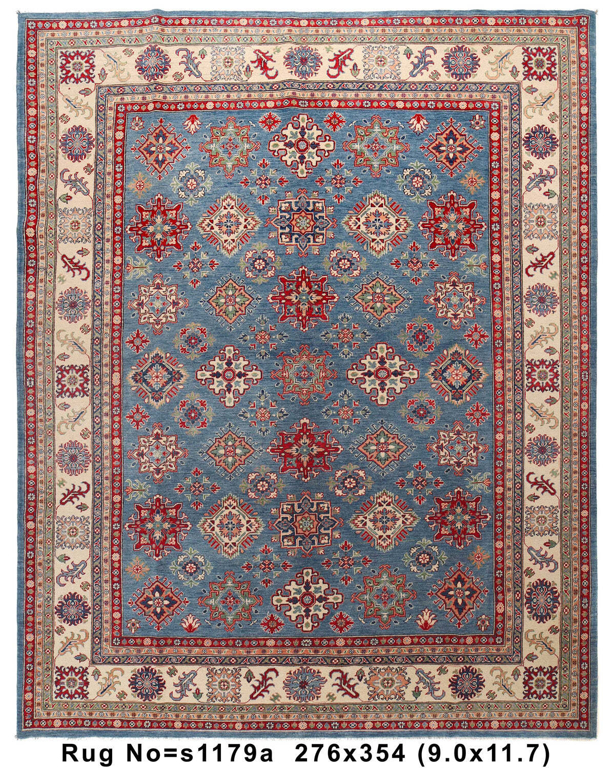 9×12′ Blue Handmade All Over Pattern Kazak Rug #S1179