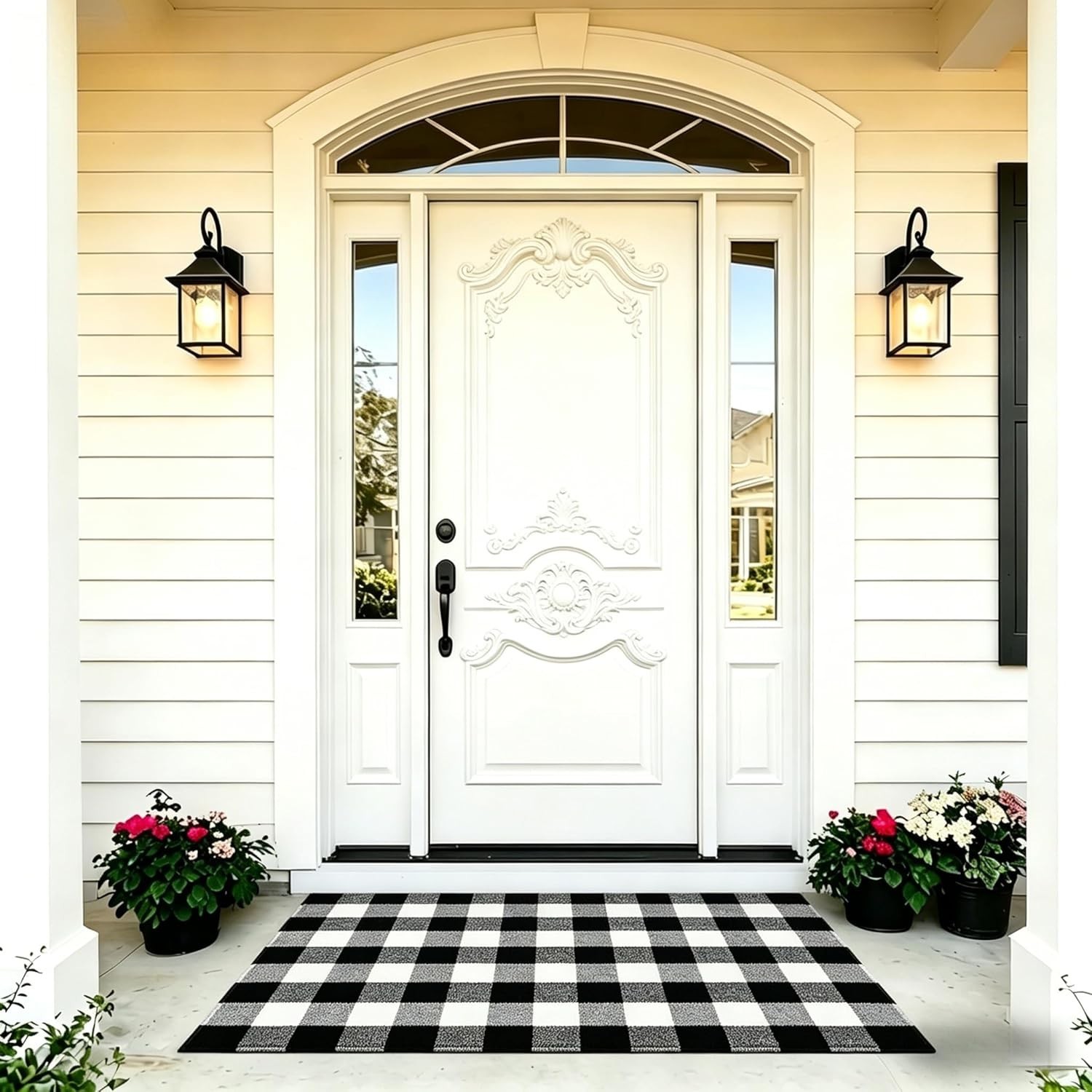 Outdoor Buffalo Plaid Rug 3×5 Black and White Layering Doormat for Porch and …