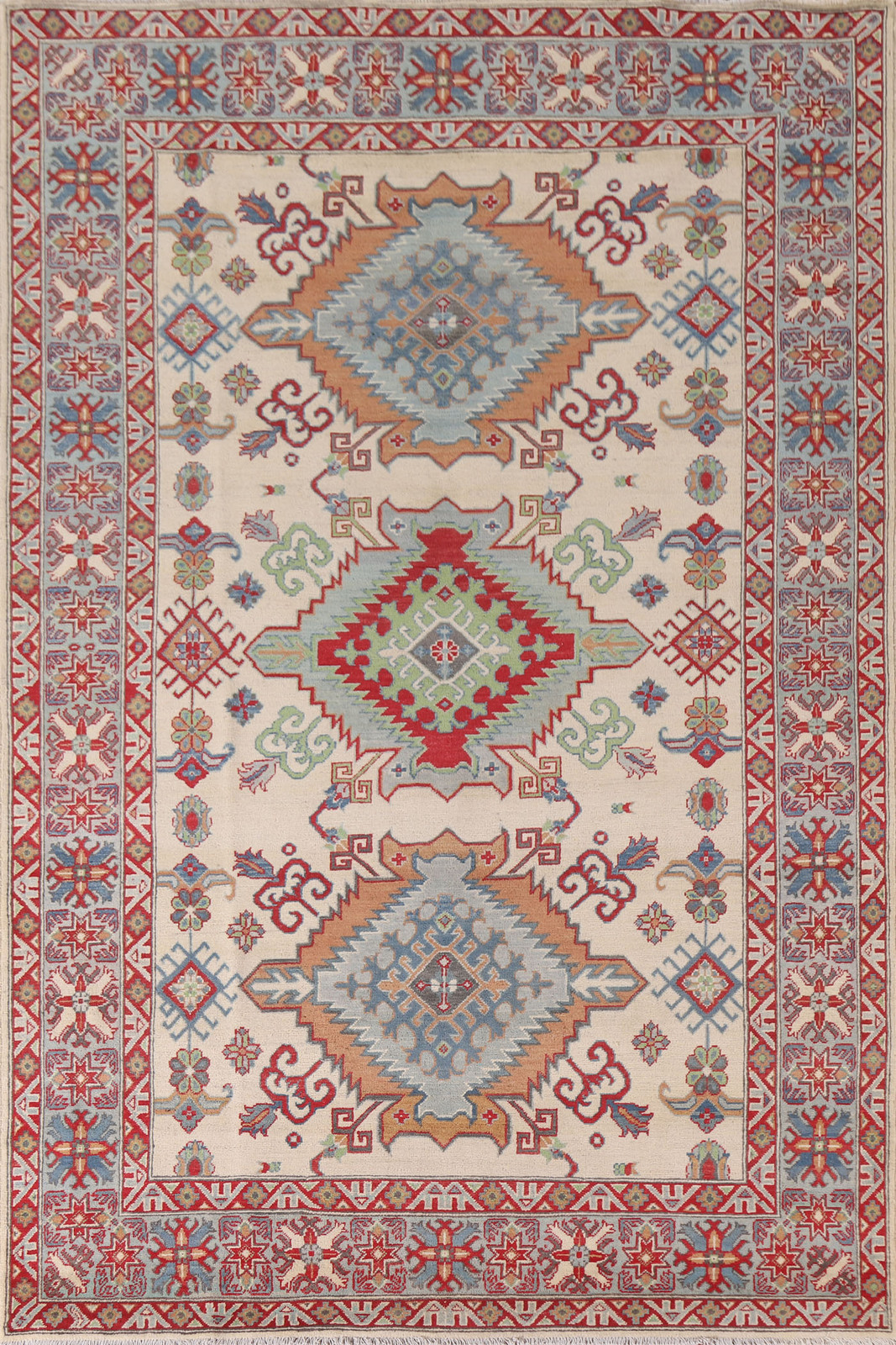 Hand-Knotted Beige Wool Bedroom Carpet Geometric Kazak Oriental Area Rug 7×10 Ft