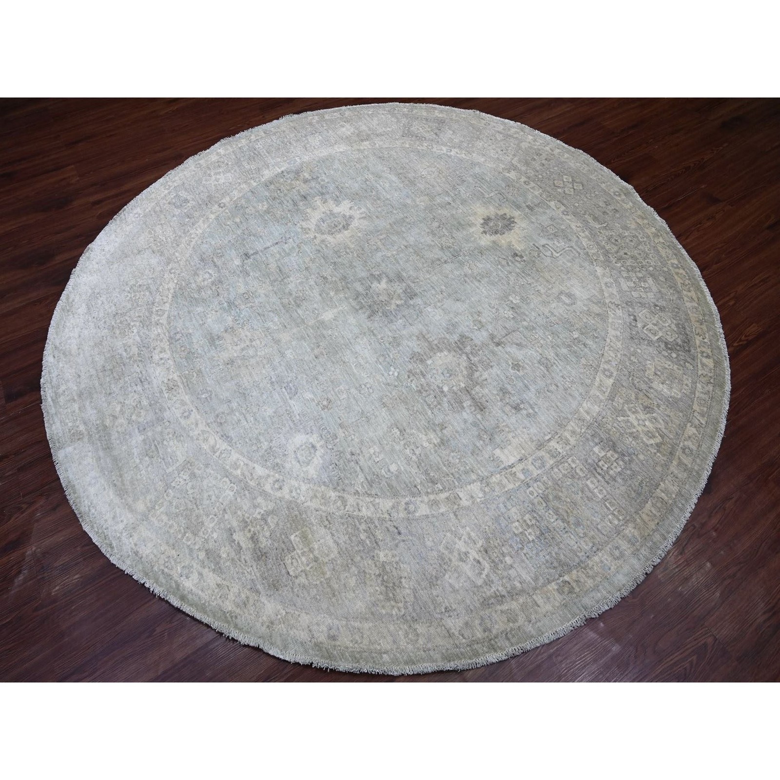 7’9″x7’9″ Blue Washed Out Peshawar Hand Knotted Wool Round Oriental Rug 22960