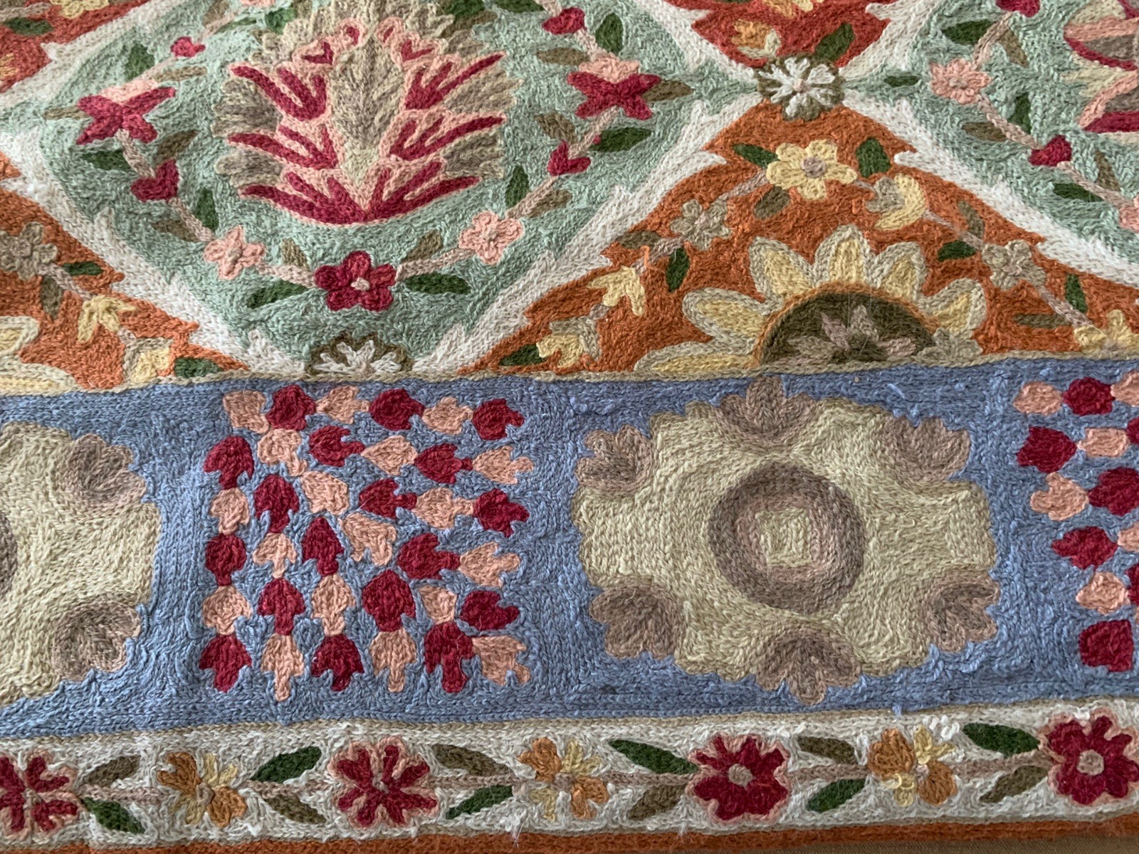 Chain Stitch Rug Flower Embroidered Wool Face 36” X 60“ India Hand stitched