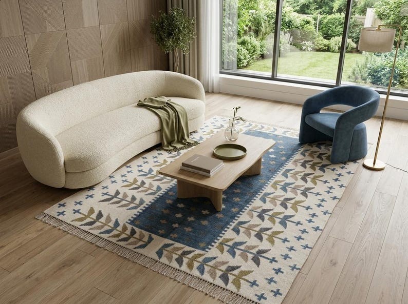 Handmade Wool Area Boho Rug Vintage Kilim Modern Carpet Blue/White Living Room