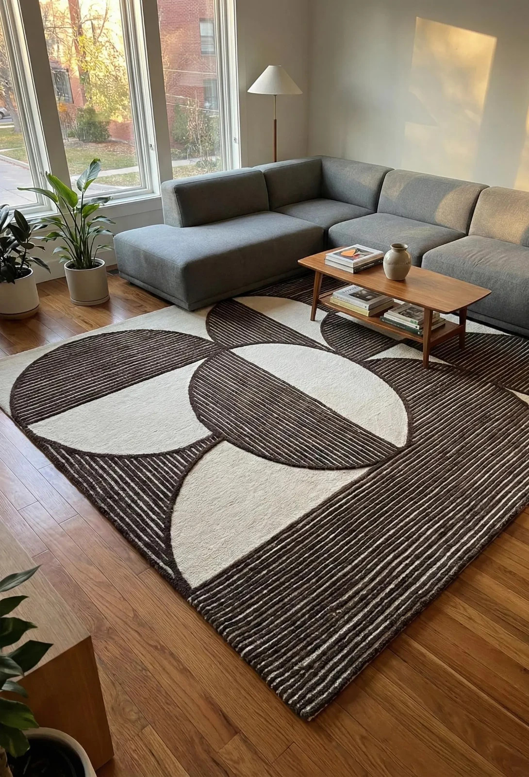 Modern Brown Cream Geometric Area Rug 8×10, Handmade Tufted Living Room Rug