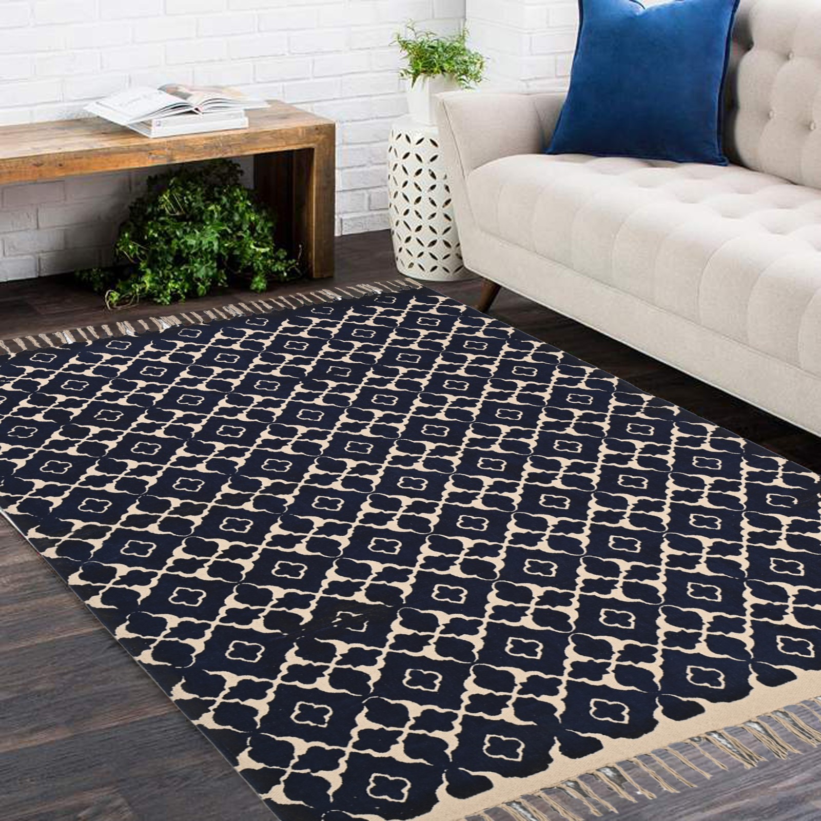 Hand Block Printed Cotton Area Rug Navy Blue Moroccan Trellis Boho 4×6 Rug