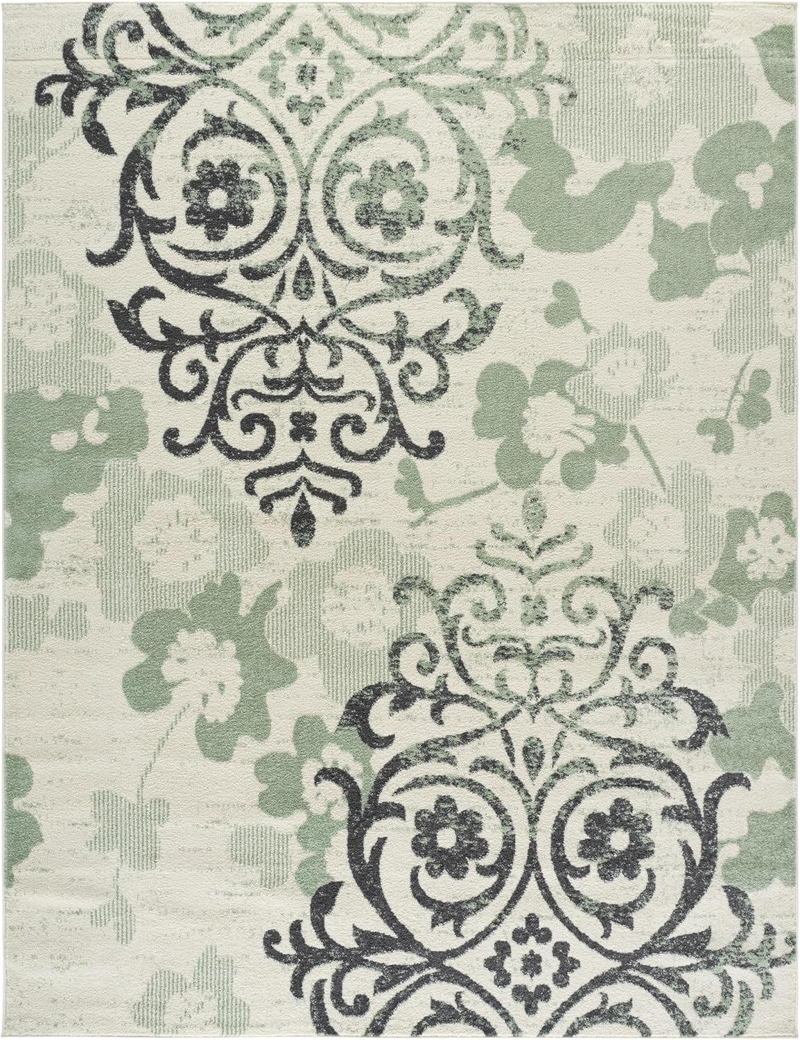 Ivory & Green Floral Damask Area Rug 9′ x 12′ – Non-Shedding, Easy Care