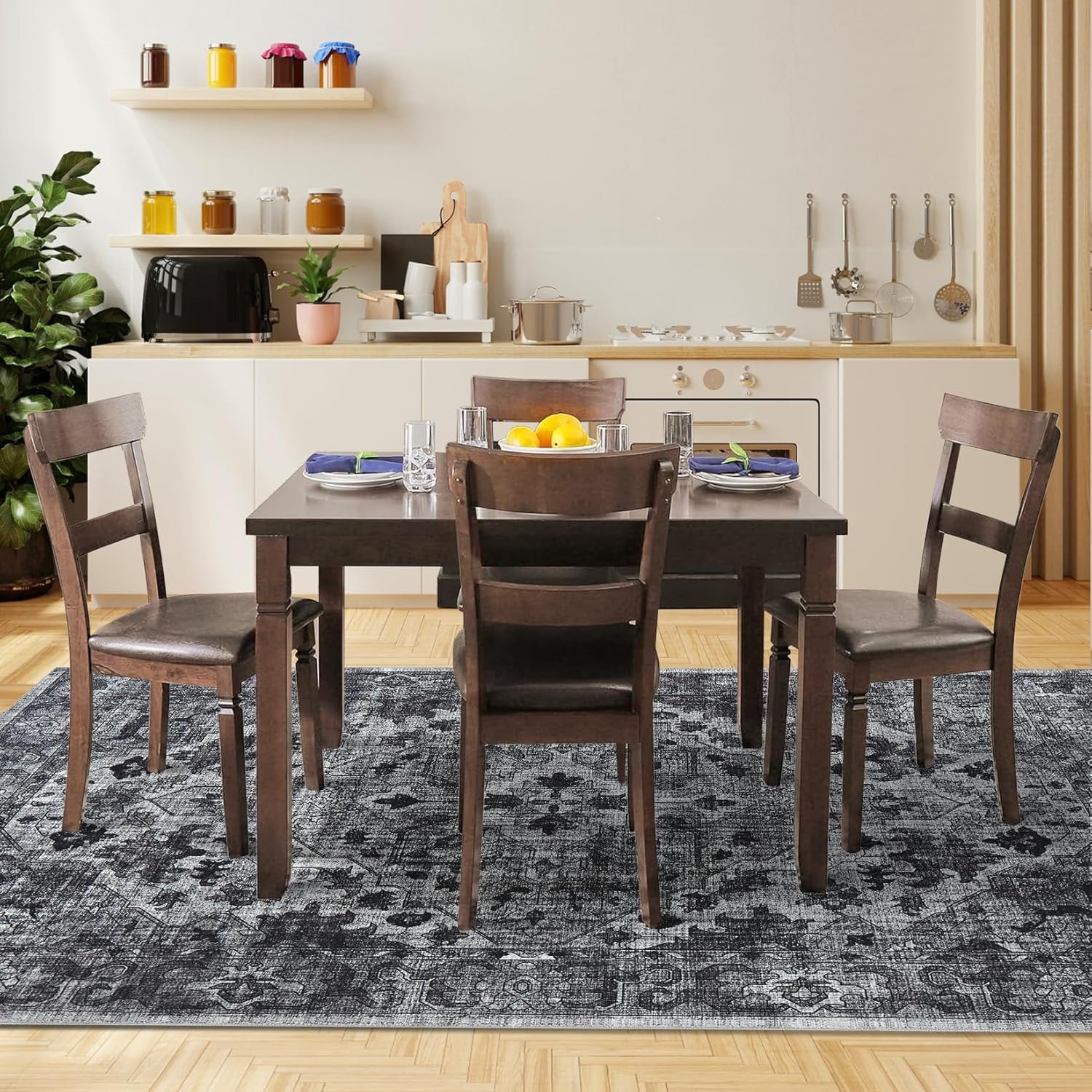 Non Slip Vintage Floral Washable Rug Kid Pet Friendly Living Room Low Pile