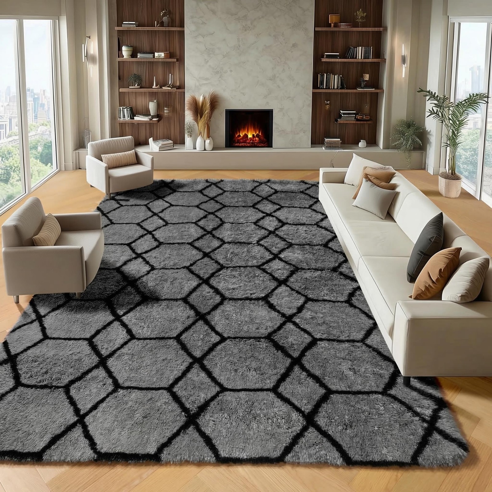 ONASAR 8×10 Grey and Black Rug, Large Boho Geometric Area Rugs for Living Room,