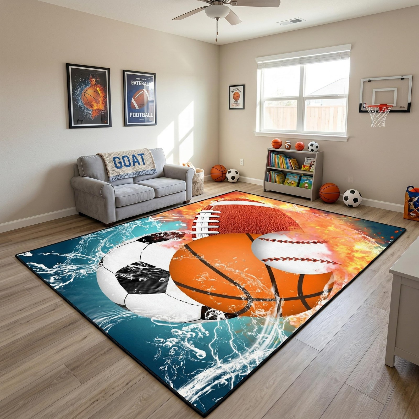 Basketball Rug 9’x12′ – Basketball Rug for Boys Bedroom Kids Football Mat Wat…