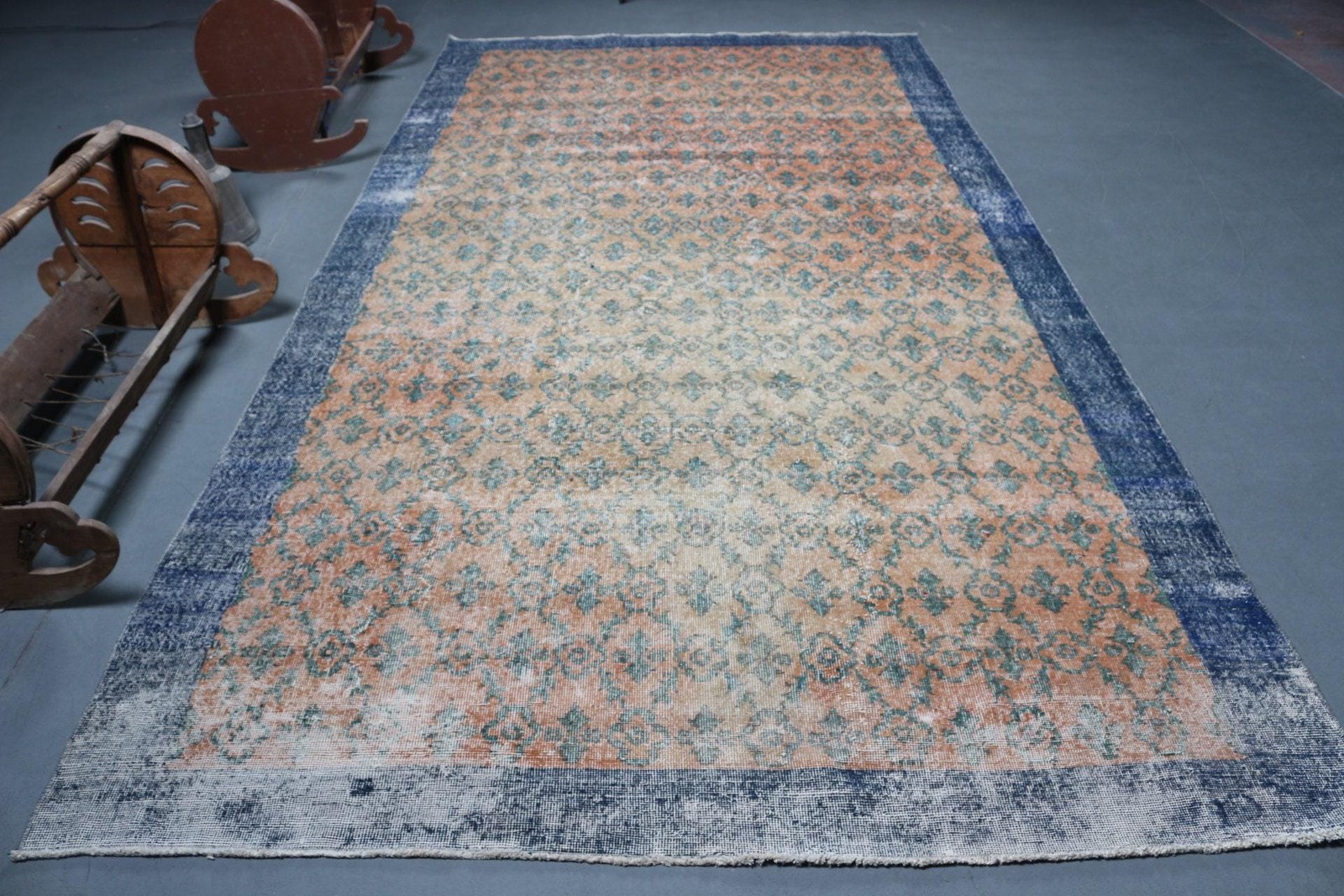 Vintage Oversize Rug, 6,4×12,3 ft Turkish Rug, Blue Wool Rug