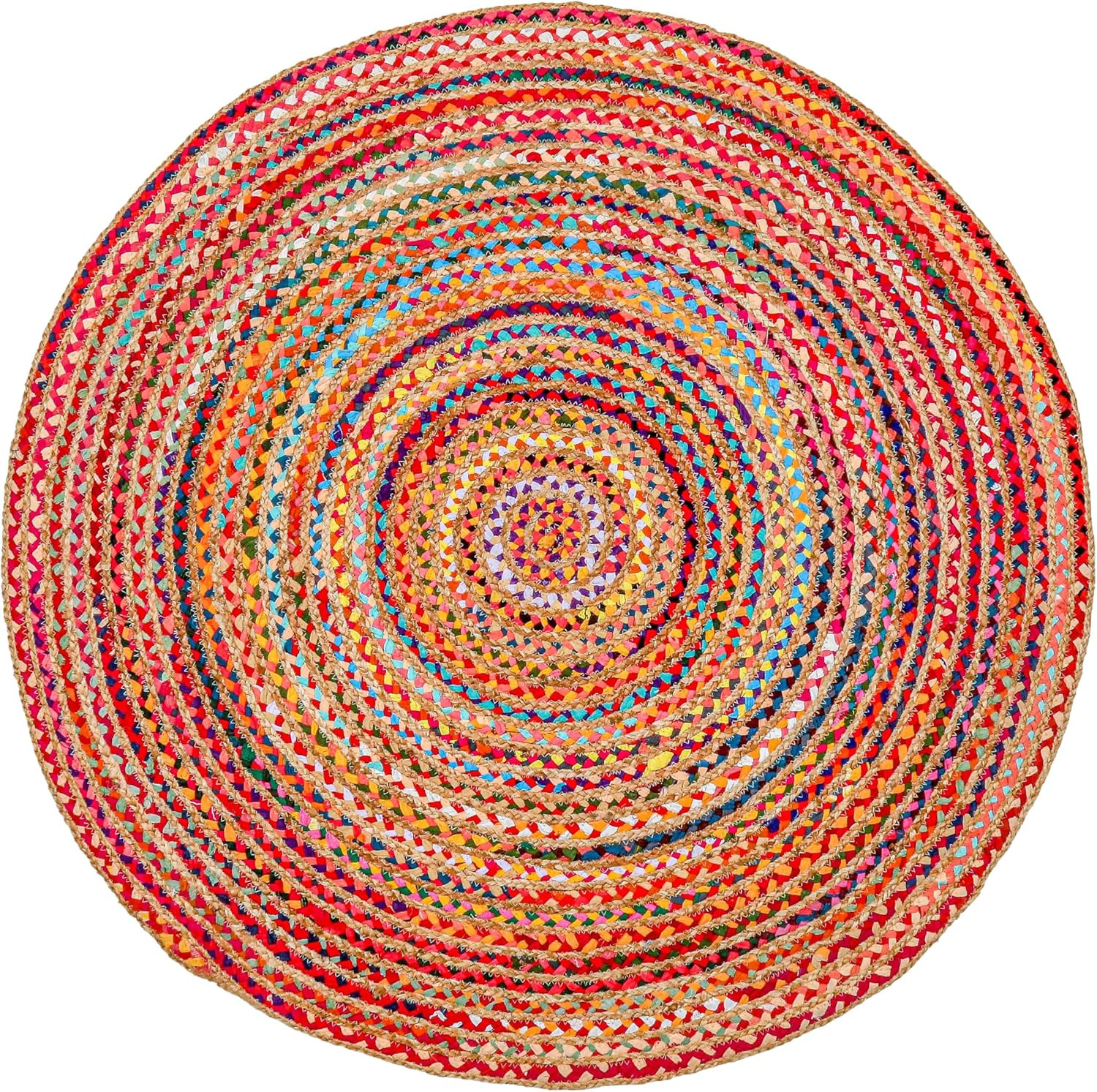 Bohemian Braided Rug 4′ round – Multi Color, Circle Farmhouse Jute Cotton Area R
