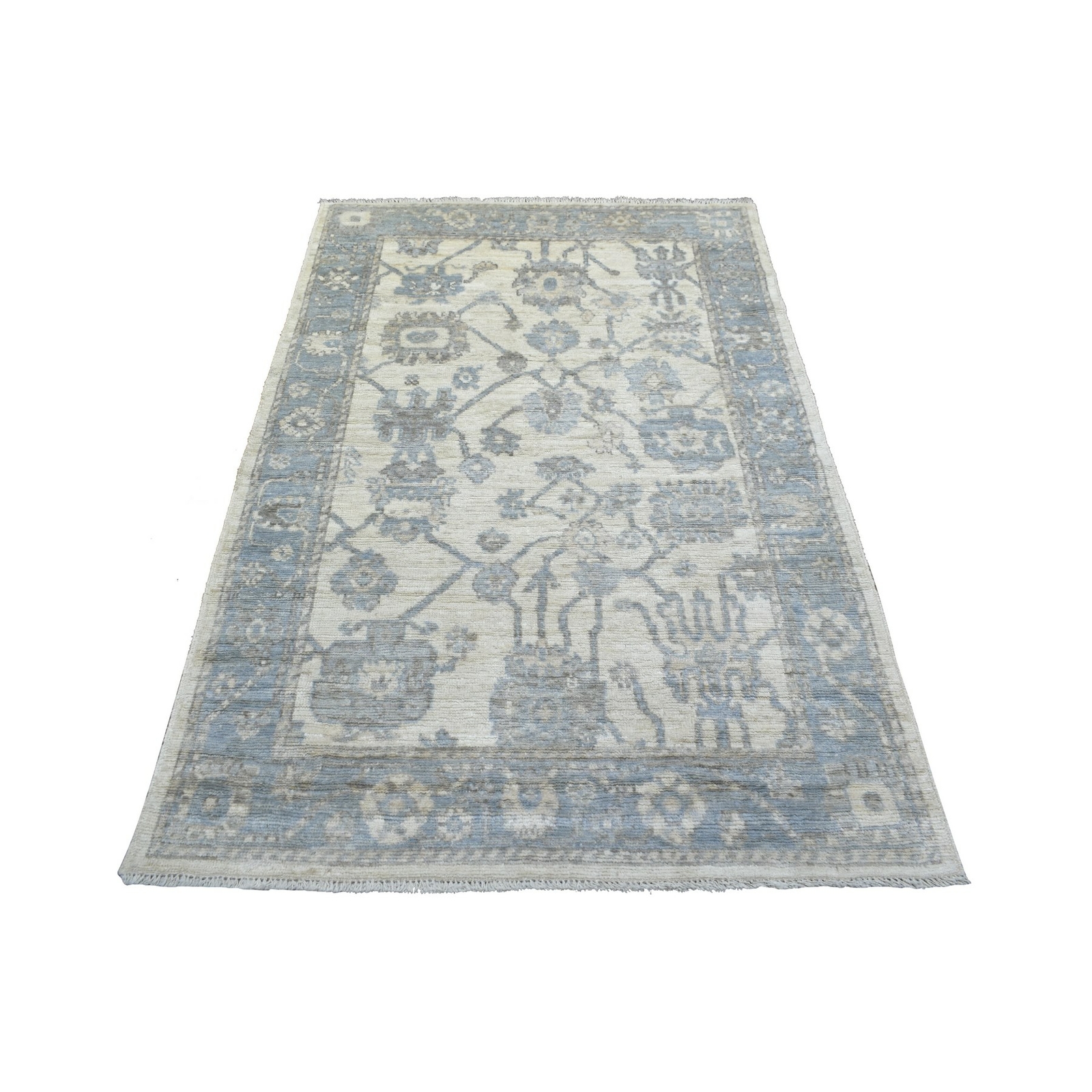 4’1″ x 6’1″ Ivory Angora Oushak Soft Colors Leaf Design Hand Knotted Rug R71875