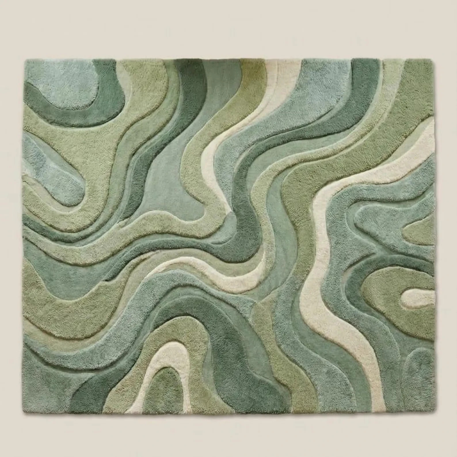Hand Tufted Rug Mid Century Modern Green Sage Wavy Abstract Carved Carpet Living