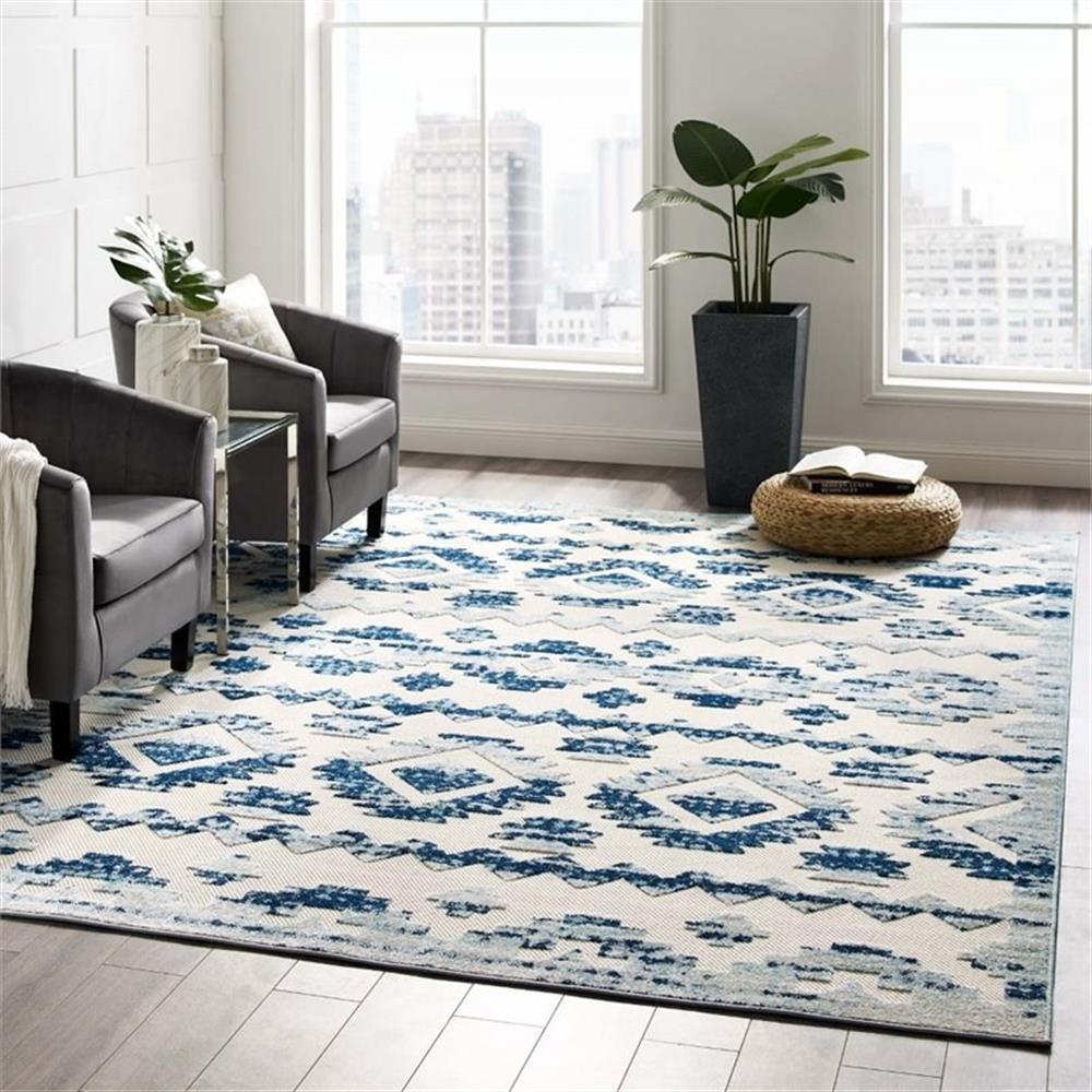 Modway Reflect 94.5×122″ Takara Diamond Moroccan Trellis Area Rug in Ivory/Blue