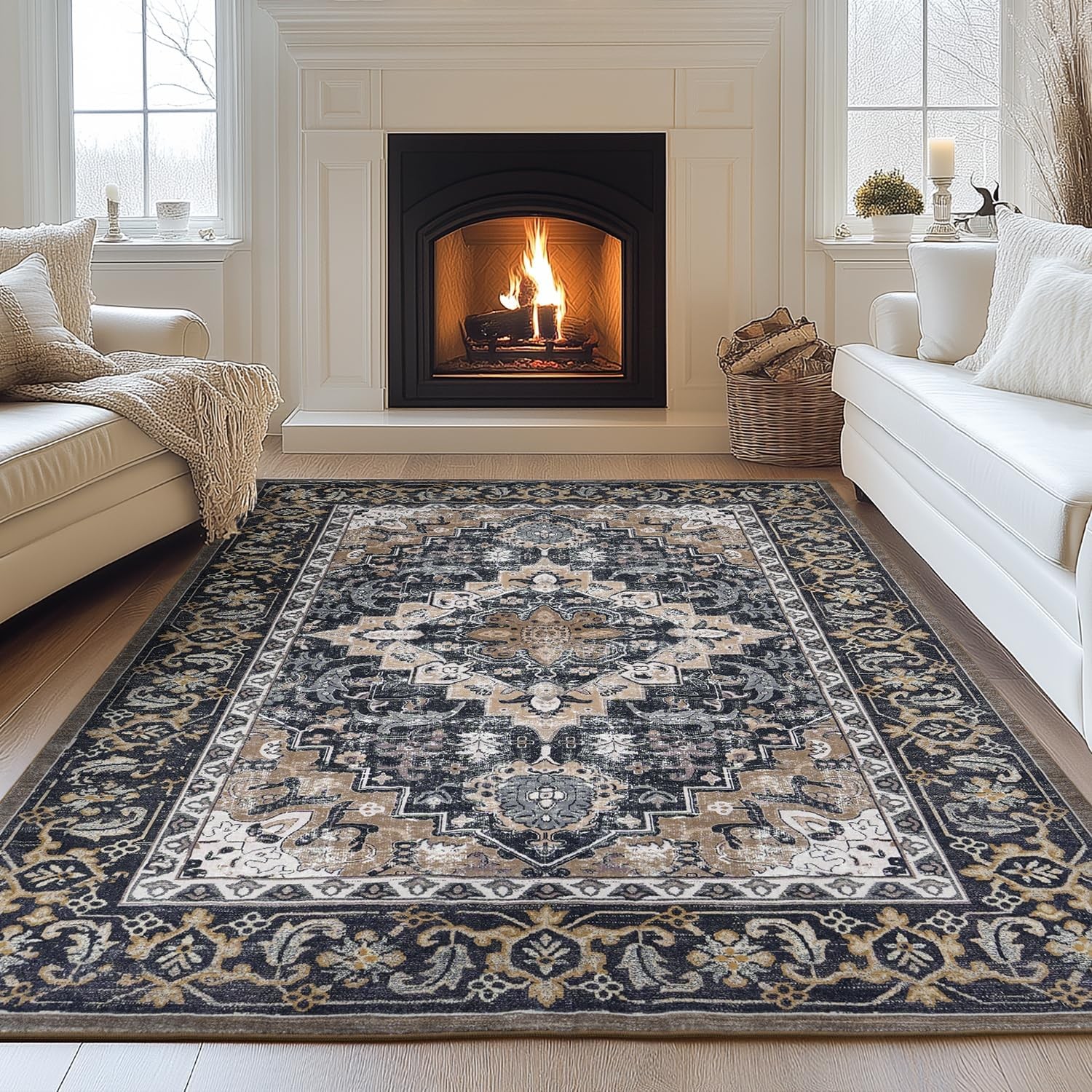 8 x 10 Area Rugs Living Room Machine Washable Rug Grey White Soft Faux Wool;