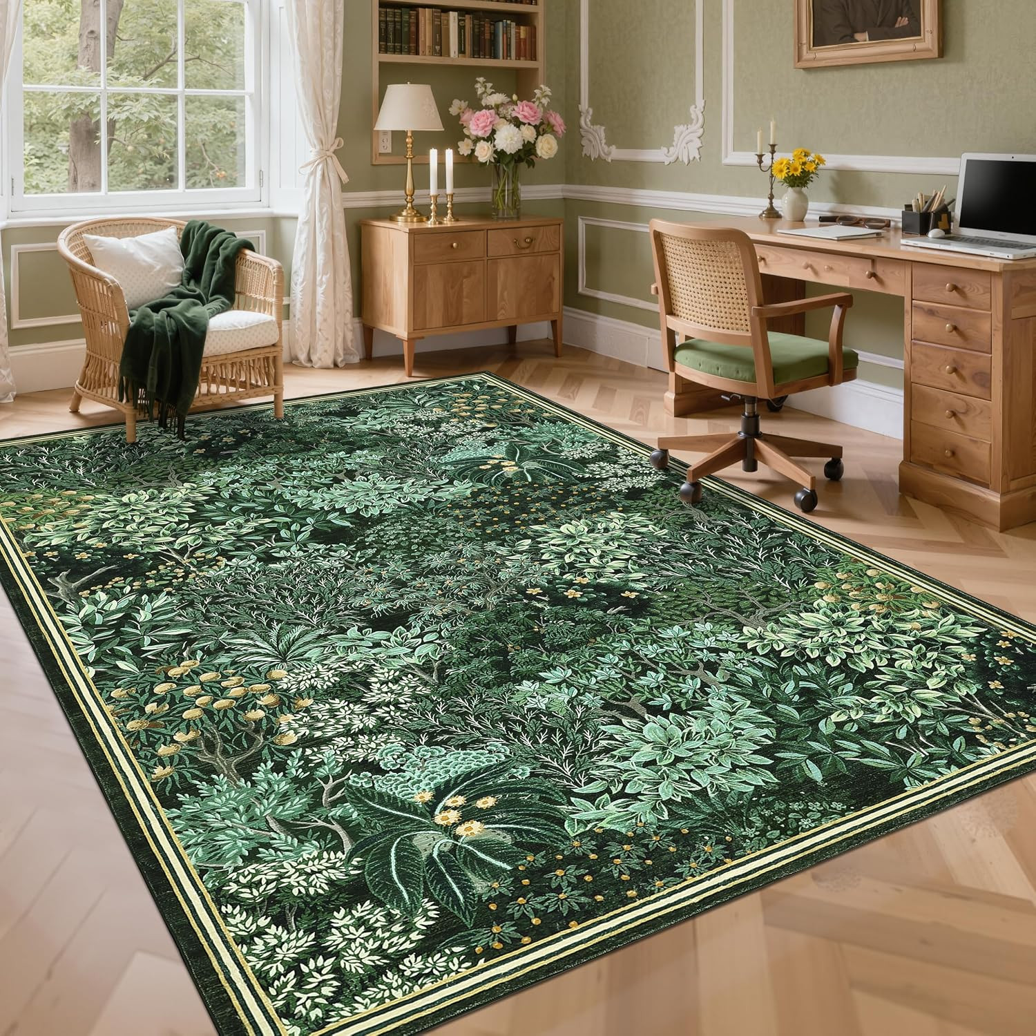 Forest Rugs 5X7, Green Washable Area Rugs for Living Room 5X7, Botanical Low Pil