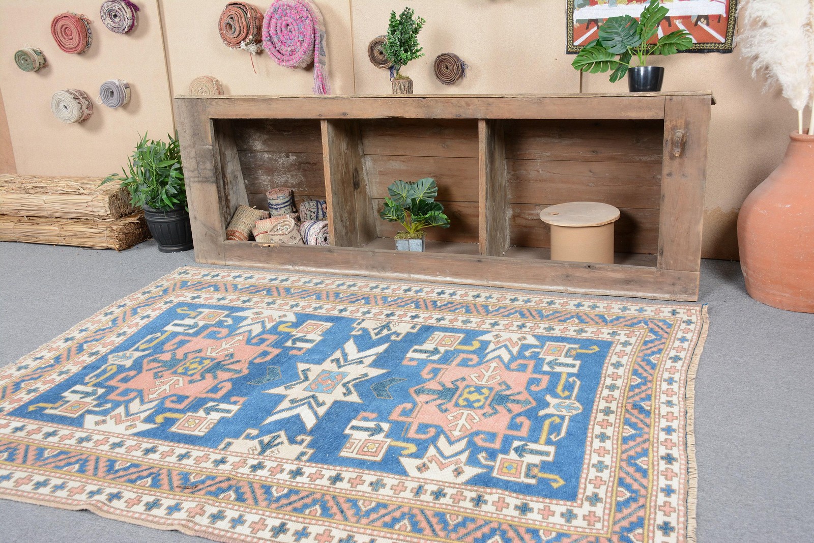 Turkish Vintage Rug 4,6×6,2 ft (140×190 cm), Blue Plants & trees Rug