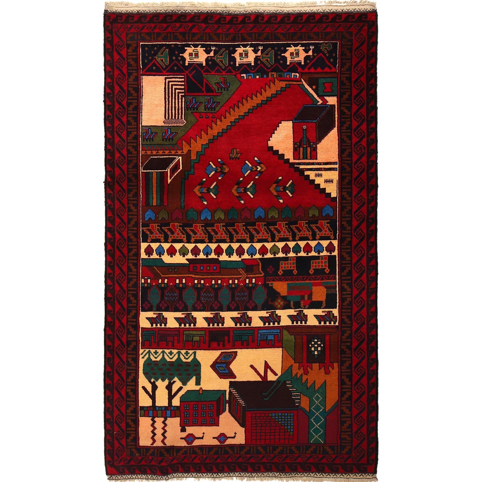 Pictorial Hand Knotted Tribal Pictorial Village Scenery Wool Rug 3’9×6’7ft 11659