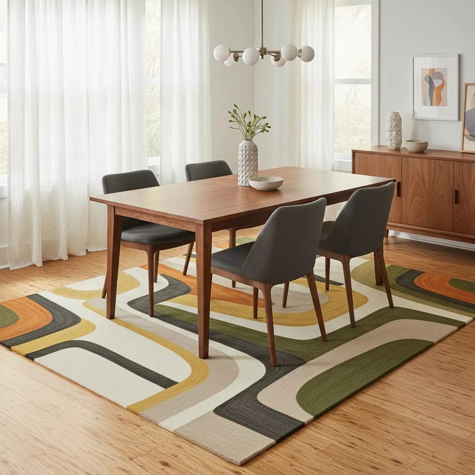 Modern Geometric Wool Rug – Retro Mid-Century Style Hand Tufted Area Rug Carpet