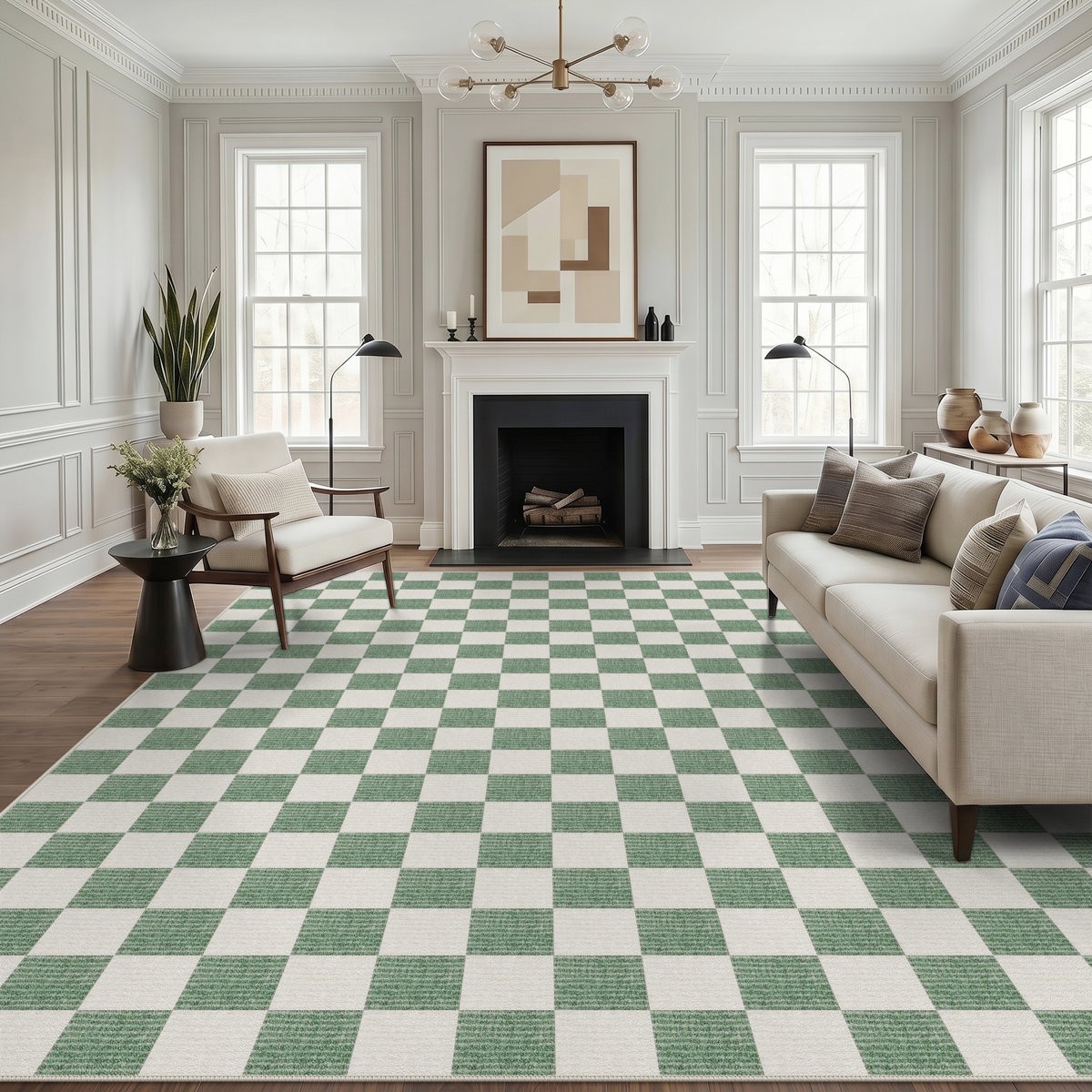 Black and White Checkered 5×7/8X10 Washable Non-Slip Area Rug for Living Room