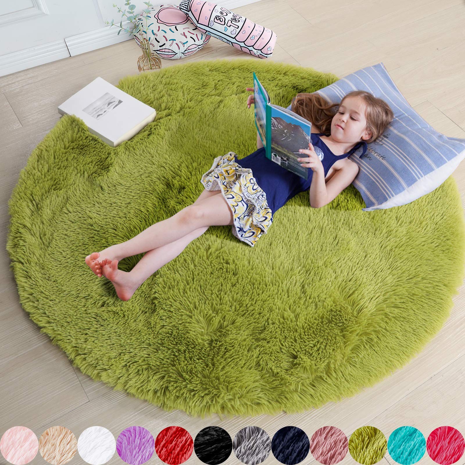 Grass Green Round Rug for Bedroom,Fluffy Circle Rug 5’X5′ for Kids Room,Furry Ca
