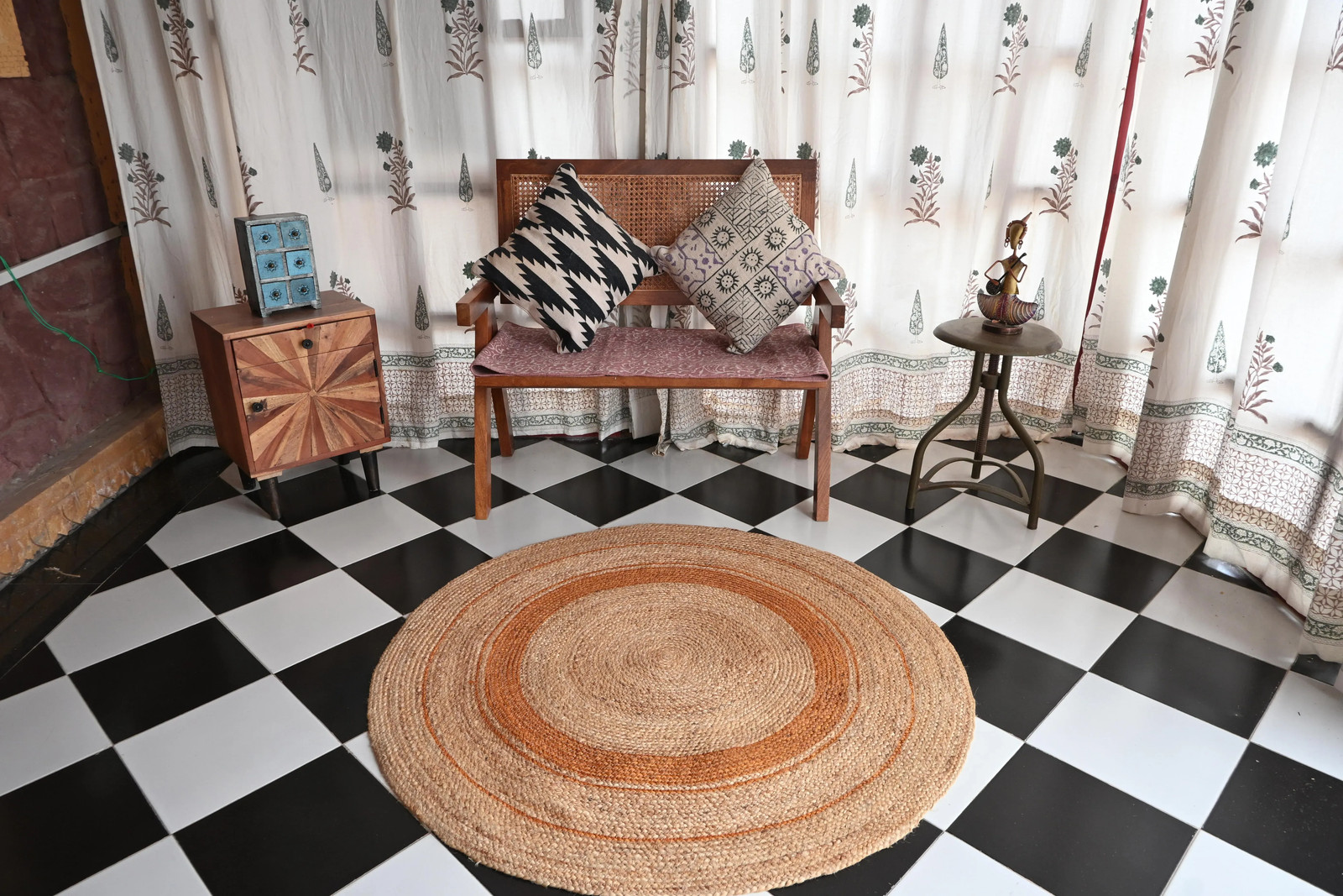 Rugmoda Jute Round Rug 4×4 Natural Orange Braided Bohemian Farmhouse Area Rug