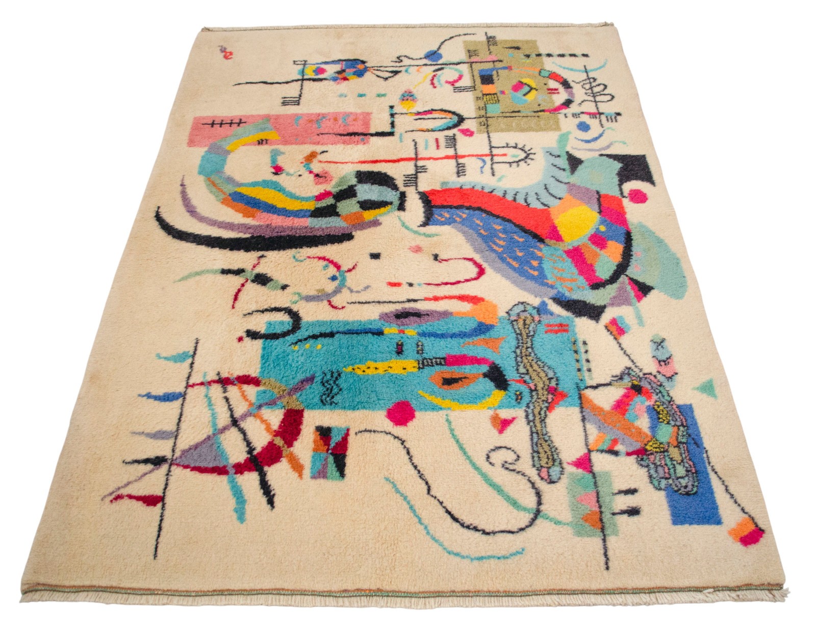 Kandinsky Style Abstract Rug | Vintage Hand-Knotted Wool Art Carpet 3’7″ x 5’0″