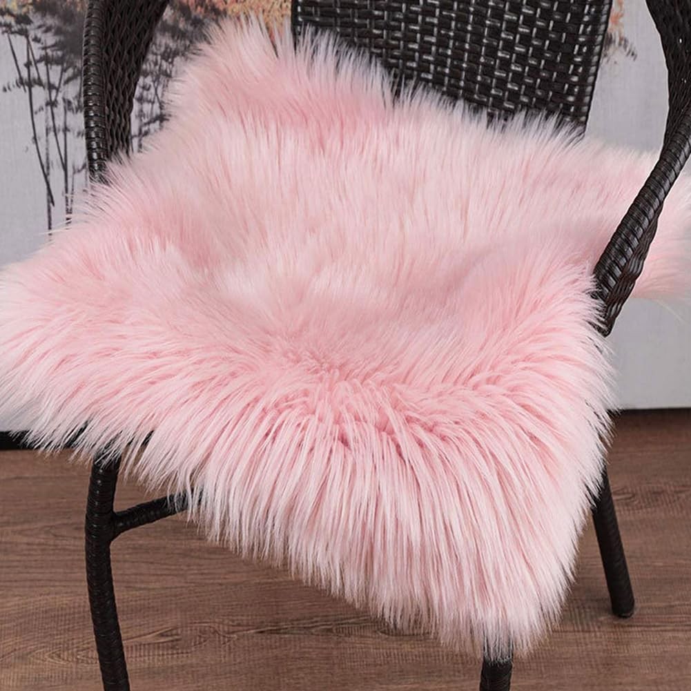 Faux Fur Sheepskin Square Chair Cover Seat Pad Wool Area Rugs Mat Carpet (Pin…