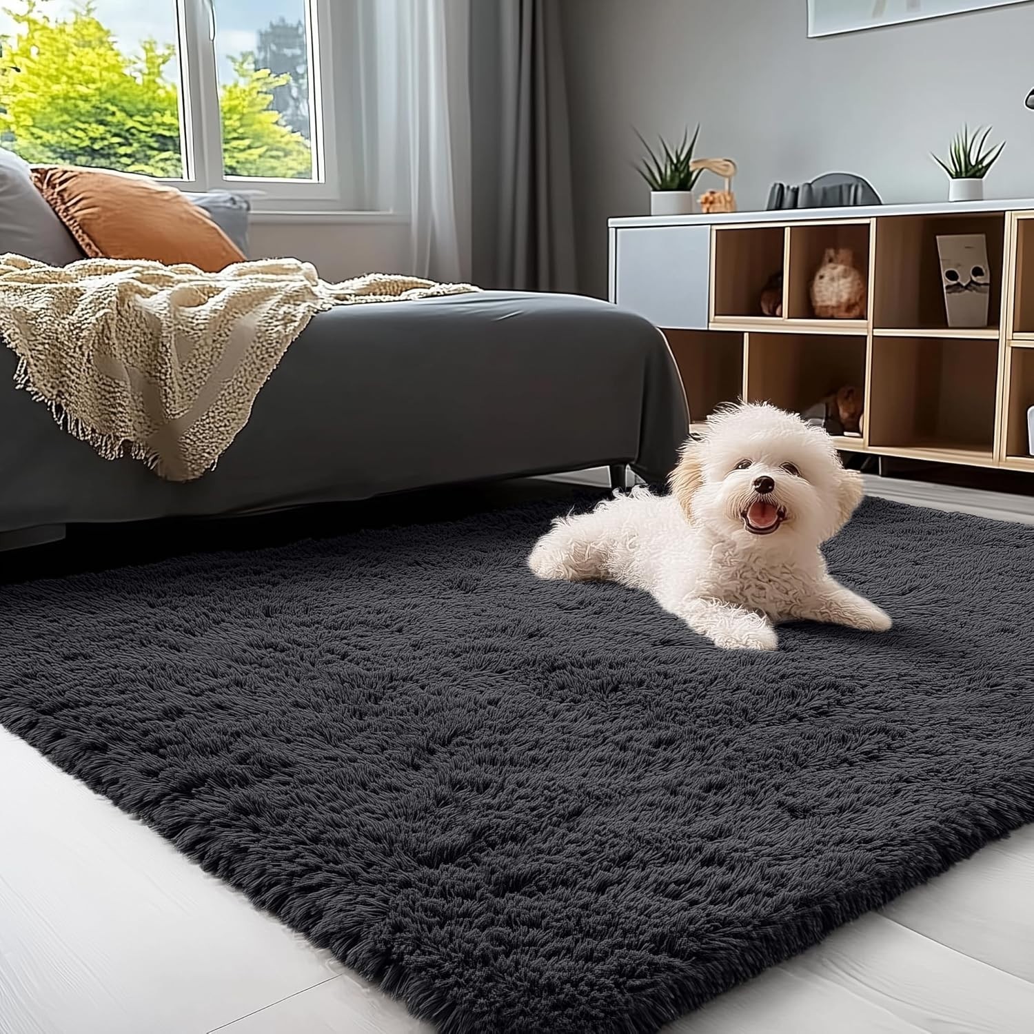 Soft 3×4 Ft Machine Washable Accent Rug – Stylish Black Shag for Kids & Pets