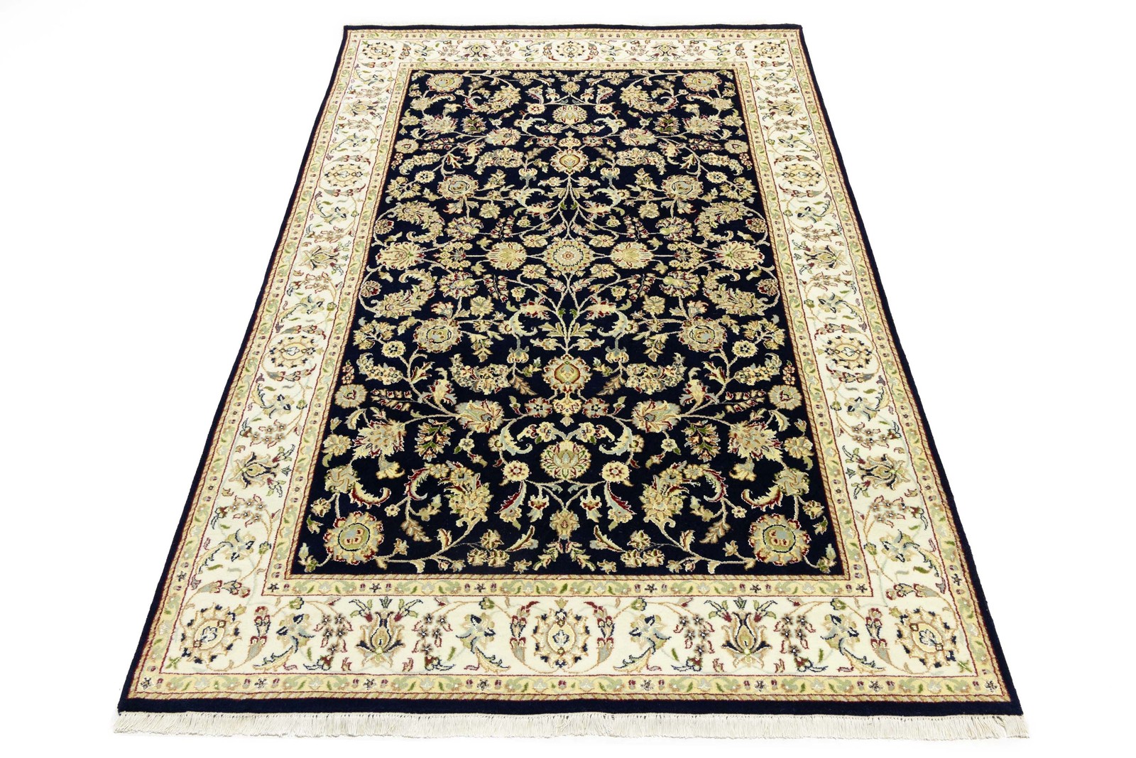 Dark Navy Floral Design Hand-Knotted 6×9 Indo-Nain Oriental Rug Bedroom Carpet