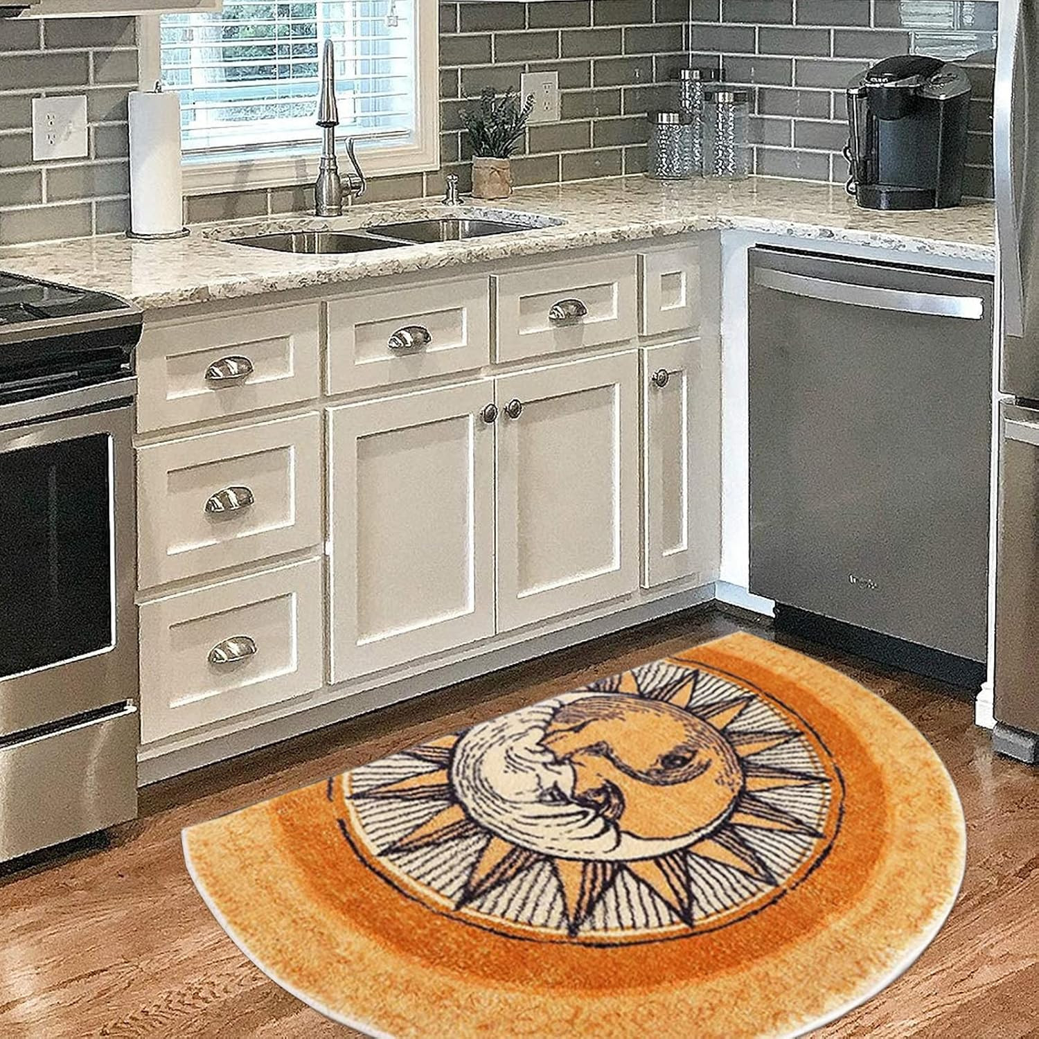 Semi-Circular Area Rugs 31.5X47.3 Inch Sun and Moon Mat,Yellow Boho Rug,Non-Slip
